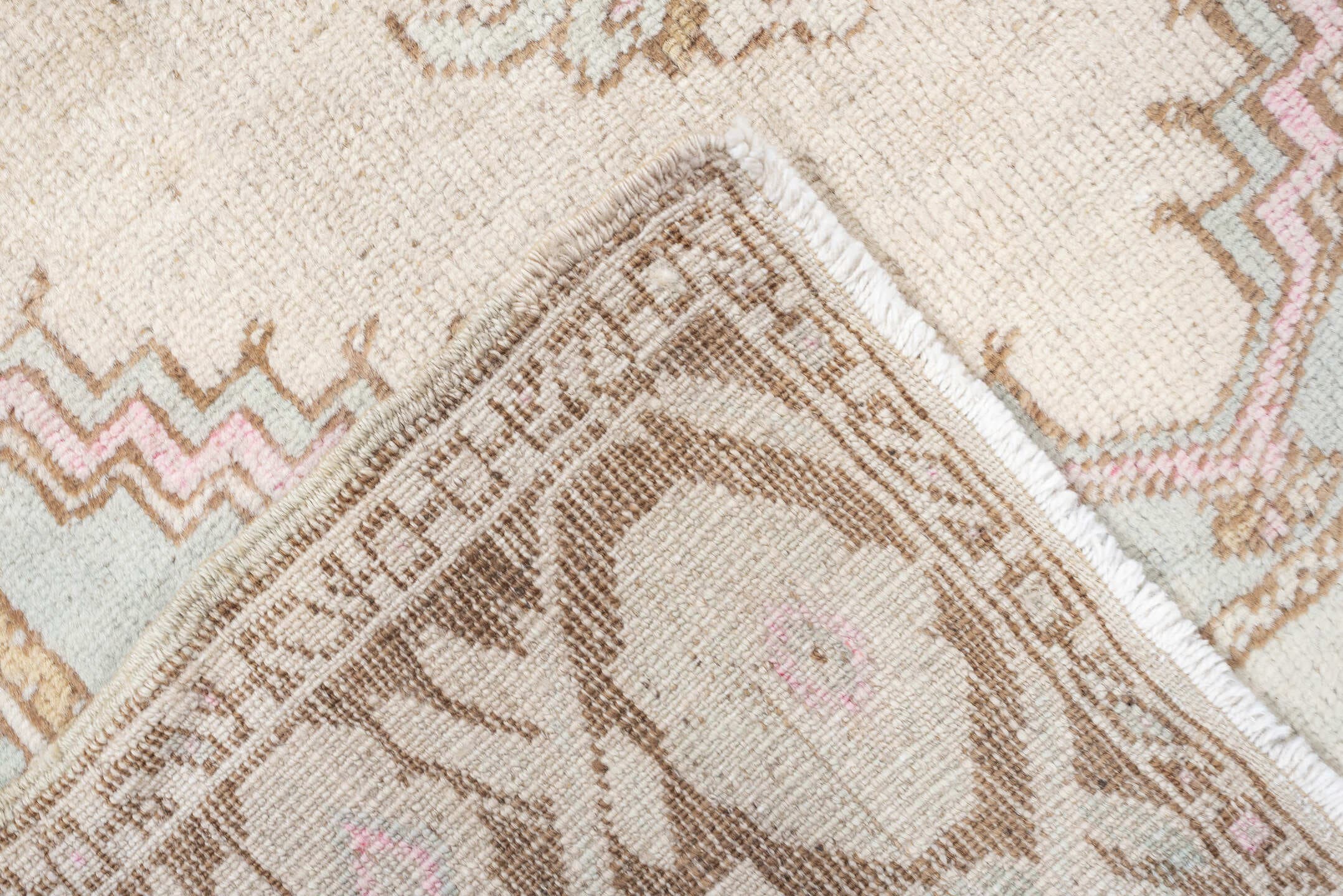 2' x 4' one-of-a-kind handmade antique Anatolian small size rug. Color palette: ivory, camel, pale blue, blush, taupe, beige