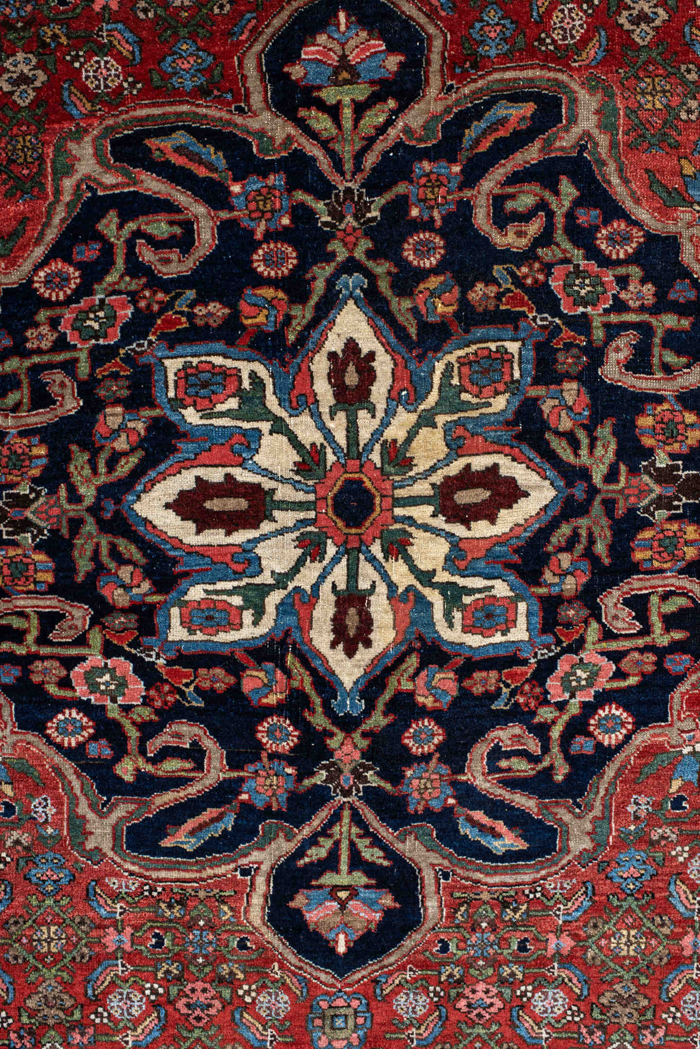 4' x 6' one-of-a-kind handmade antique Bidjar small size rug. Color palette: rust, navy, ivory, sky blue, rose, camel, sage