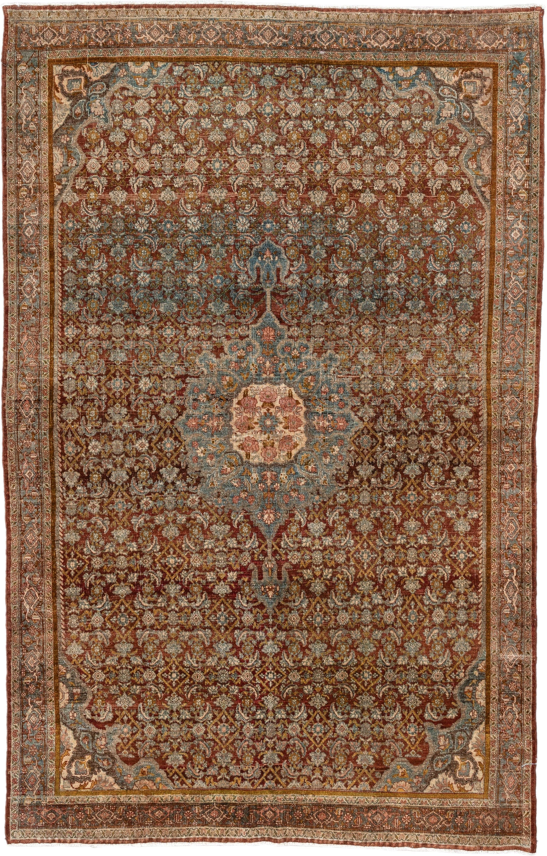 4' x 7' one-of-a-kind handmade vintage Bidjar rug. Color palette: rust, ivory, pale blue, taupe, rose, gold, brown