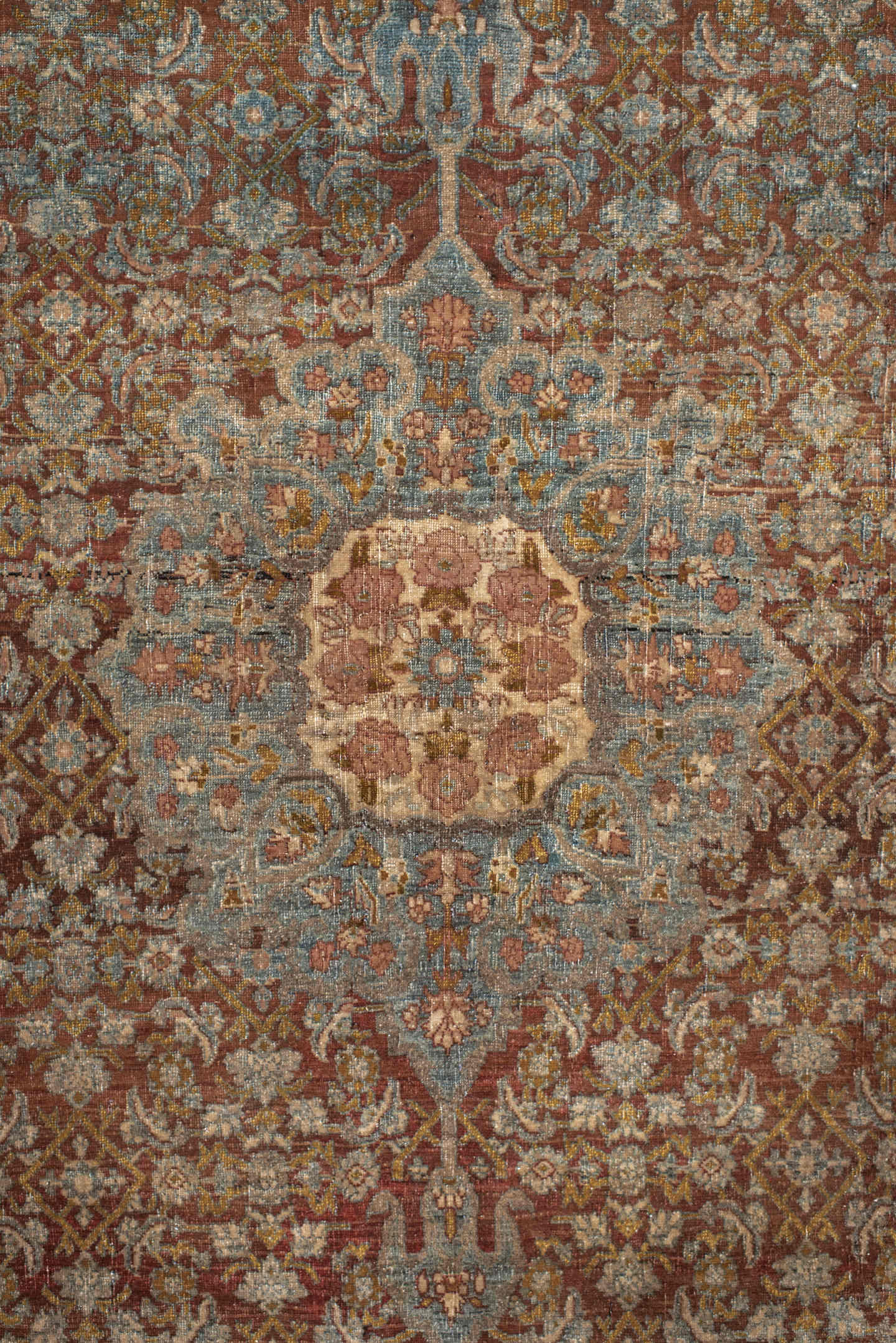 4' x 7' one-of-a-kind handmade vintage Bidjar rug. Color palette: rust, ivory, pale blue, taupe, rose, gold, brown