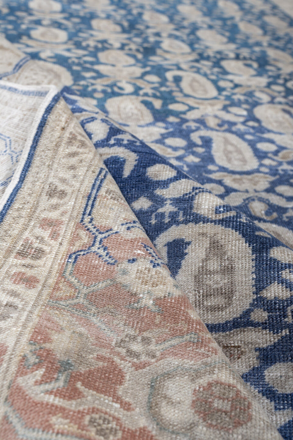 3' x 5' one-of-a-kind handmade antique Sivas small size rug. Color palette: ivory, blue, beige, blush, taupe, pink, gray