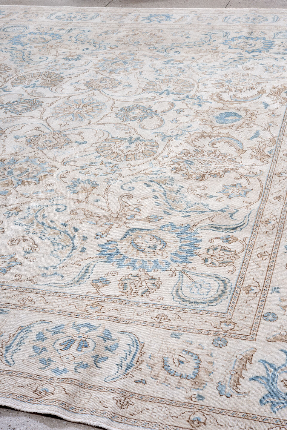 10' x 13' one-of-a-kind handmade vintage Tabriz large size rug. Color palette: ivory, sky_blue, beige, taupe, camel
