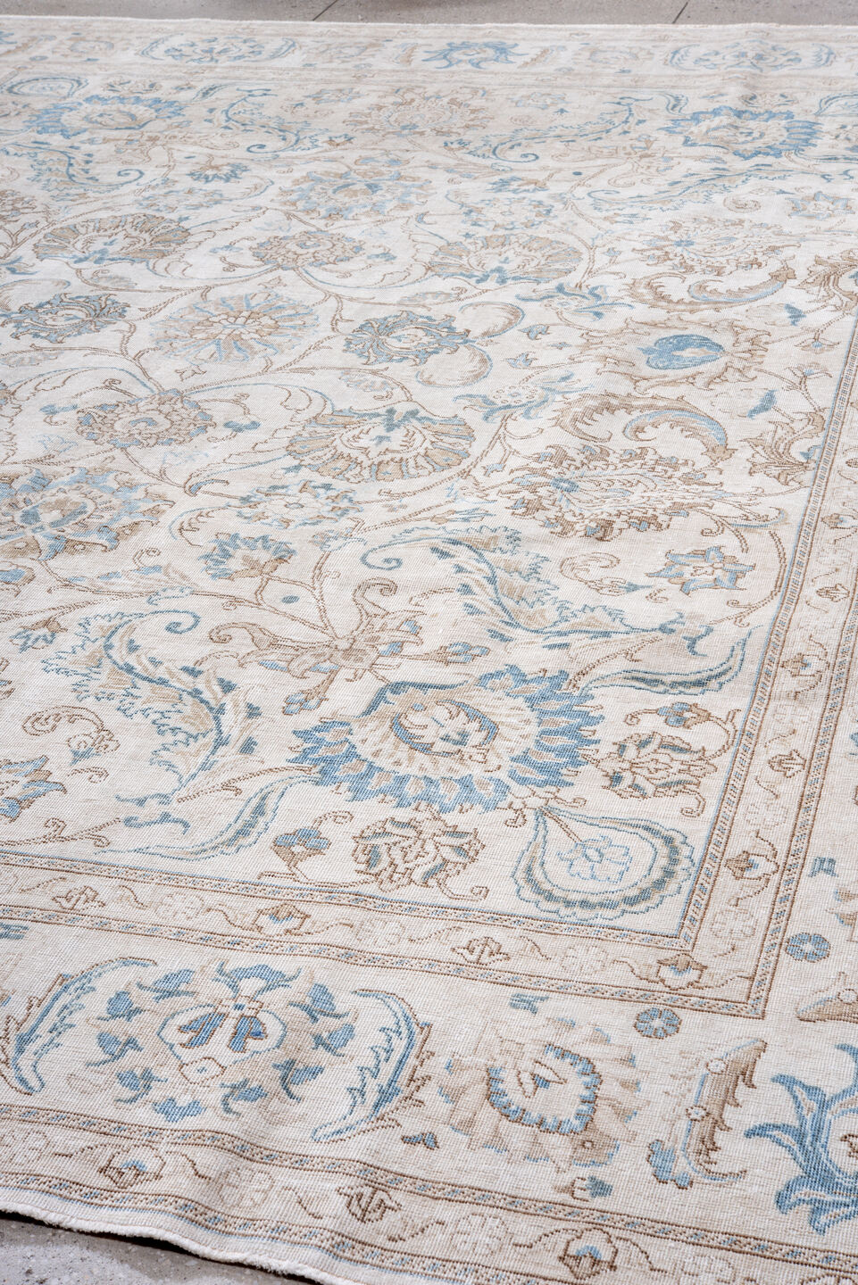 10' x 13' one-of-a-kind handmade vintage Tabriz large size rug. Color palette: ivory, sky_blue, beige, taupe, camel