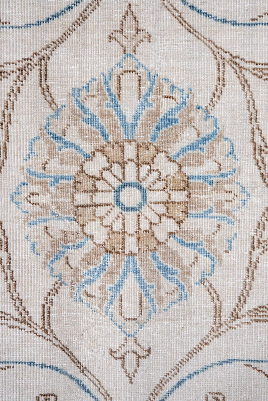 10' x 13' one-of-a-kind handmade vintage Tabriz large size rug. Color palette: ivory, sky_blue, beige, taupe, camel