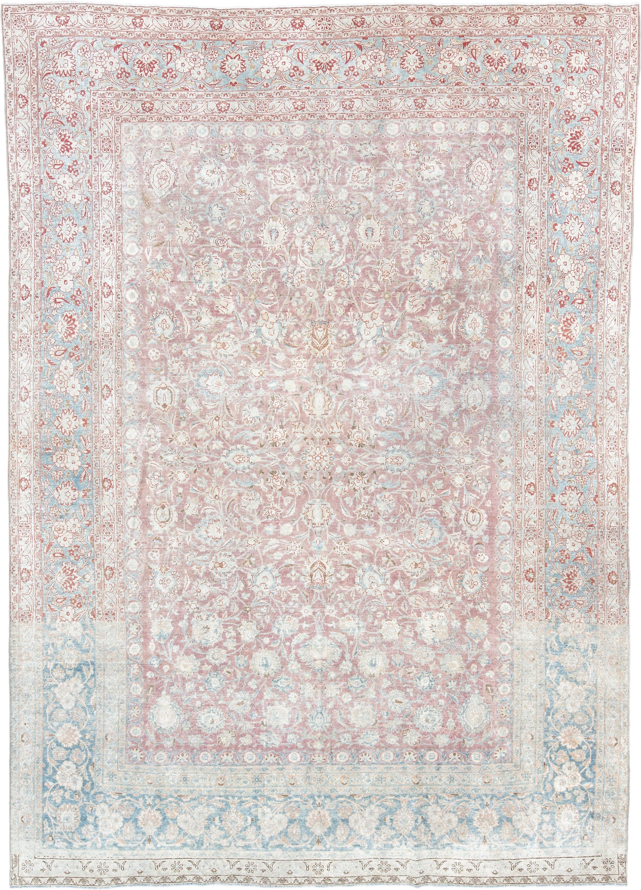 8' x 12' one-of-a-kind handmade antique Kerman large size rug. Color palette: blush, ivory, powder_blue, rose, terra_cotta