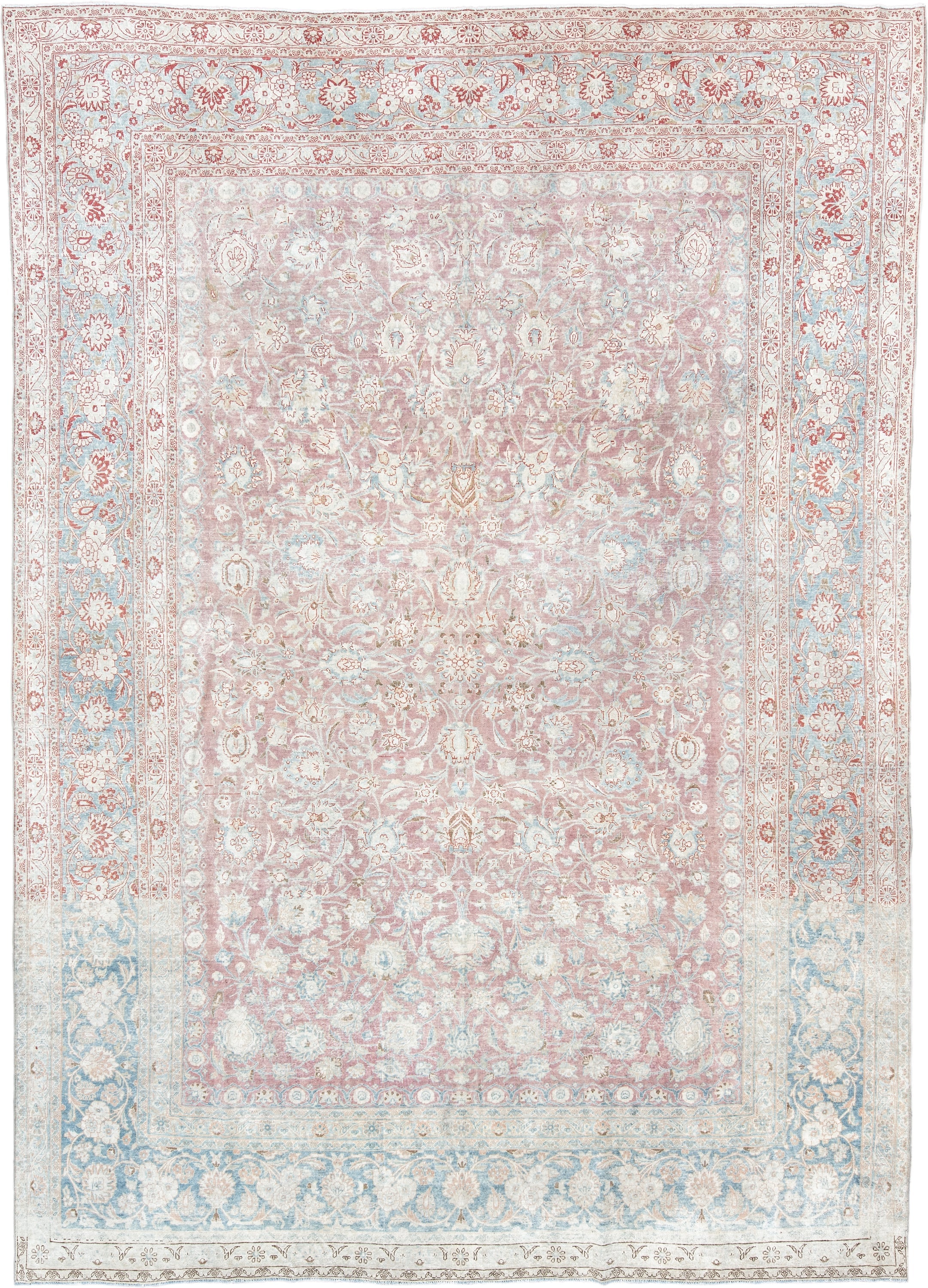 8' x 12' one-of-a-kind handmade antique Kerman large size rug. Color palette: blush, ivory, powder_blue, rose, terra_cotta