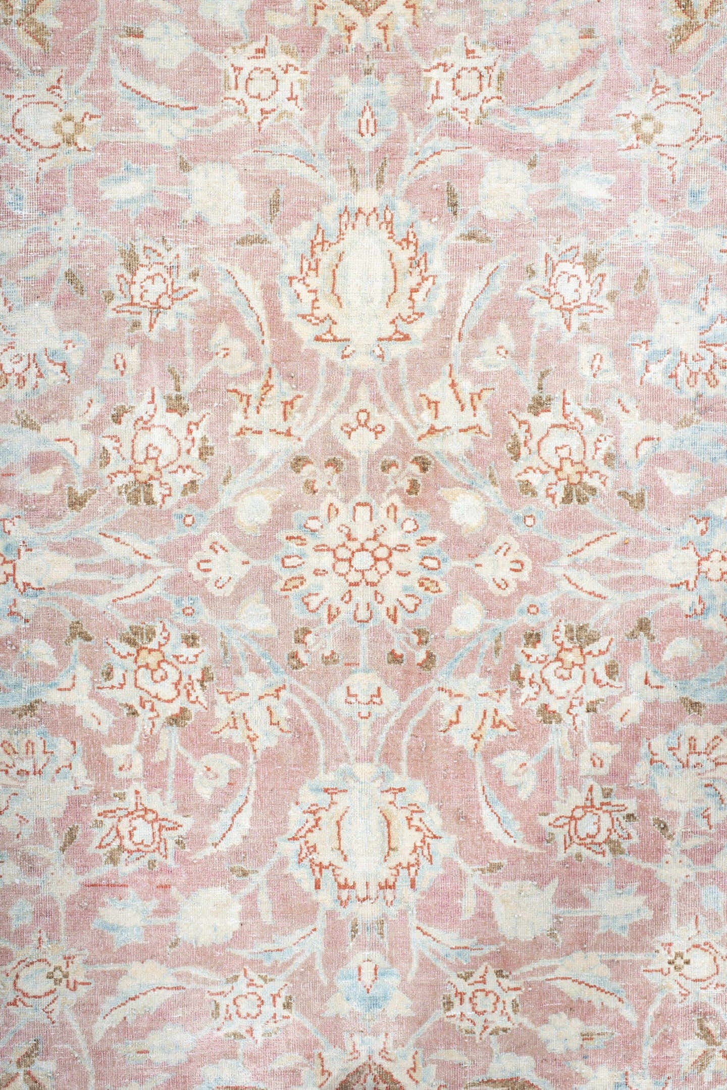8' x 12' one-of-a-kind handmade antique Kerman large size rug. Color palette: blush, ivory, powder_blue, rose, terra_cotta