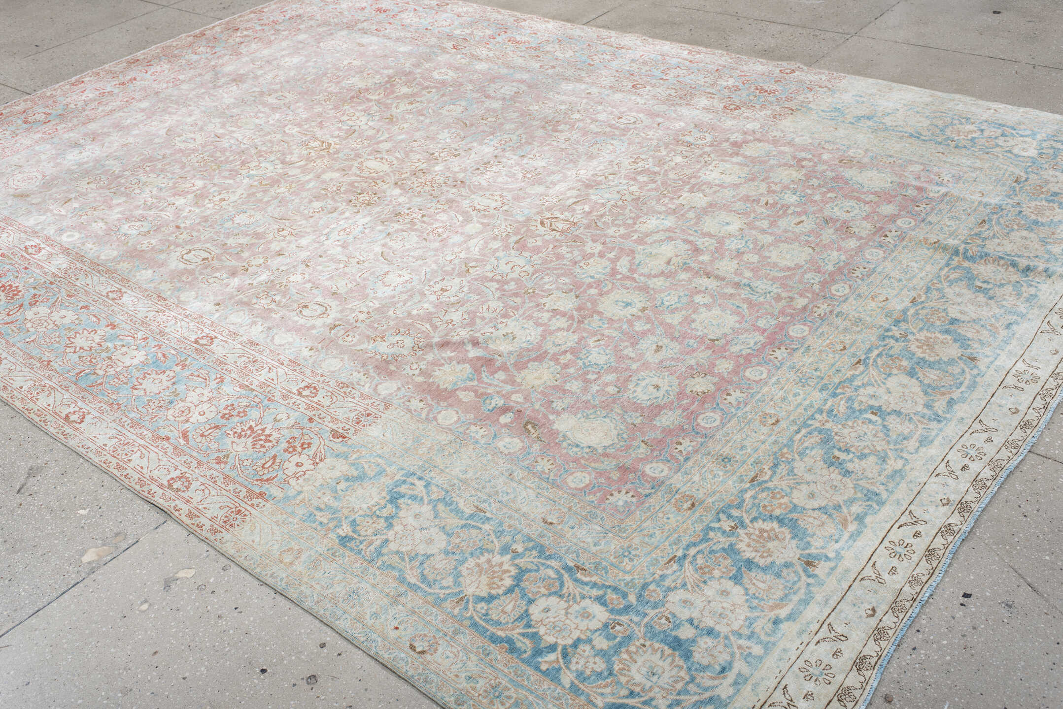 8' x 12' one-of-a-kind handmade antique Kerman large size rug. Color palette: blush, ivory, powder_blue, rose, terra_cotta