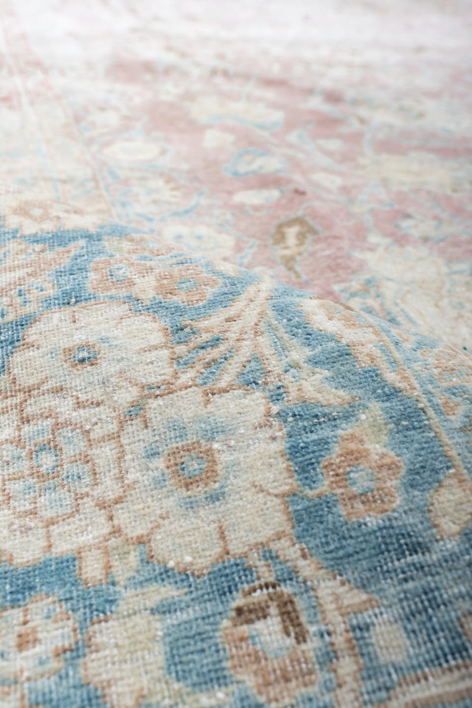 8' x 12' one-of-a-kind handmade antique Kerman large size rug. Color palette: blush, ivory, powder_blue, rose, terra_cotta