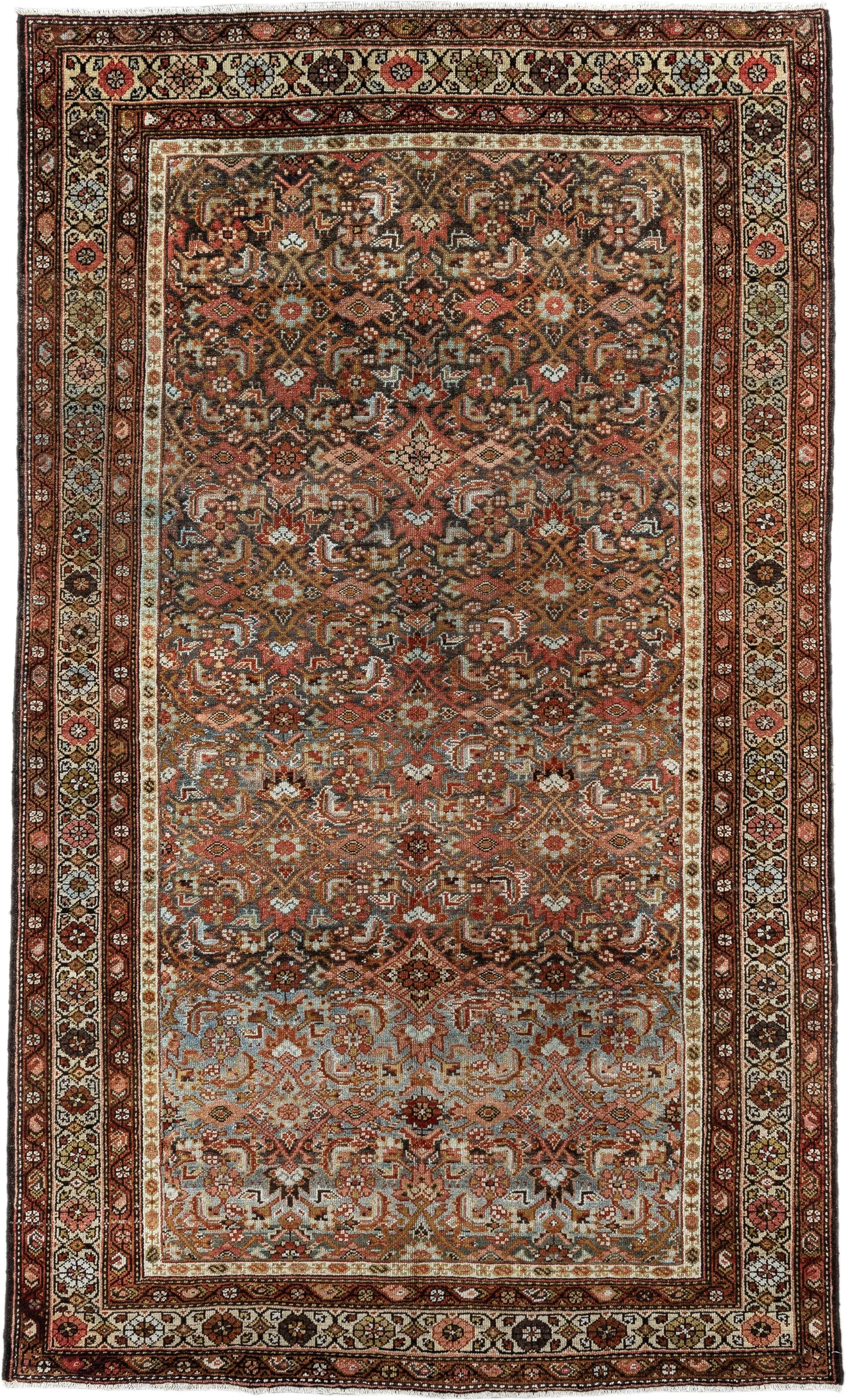 4' x 7' one-of-a-kind handmade antique Malayer rug. Color palette: rust, ivory, brown, sky blue, camel, charcoal, rose, gold