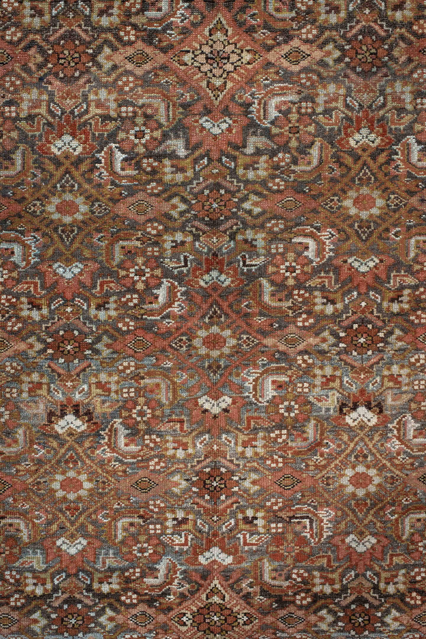4' x 7' one-of-a-kind handmade antique Malayer rug. Color palette: rust, ivory, brown, sky blue, camel, charcoal, rose, gold