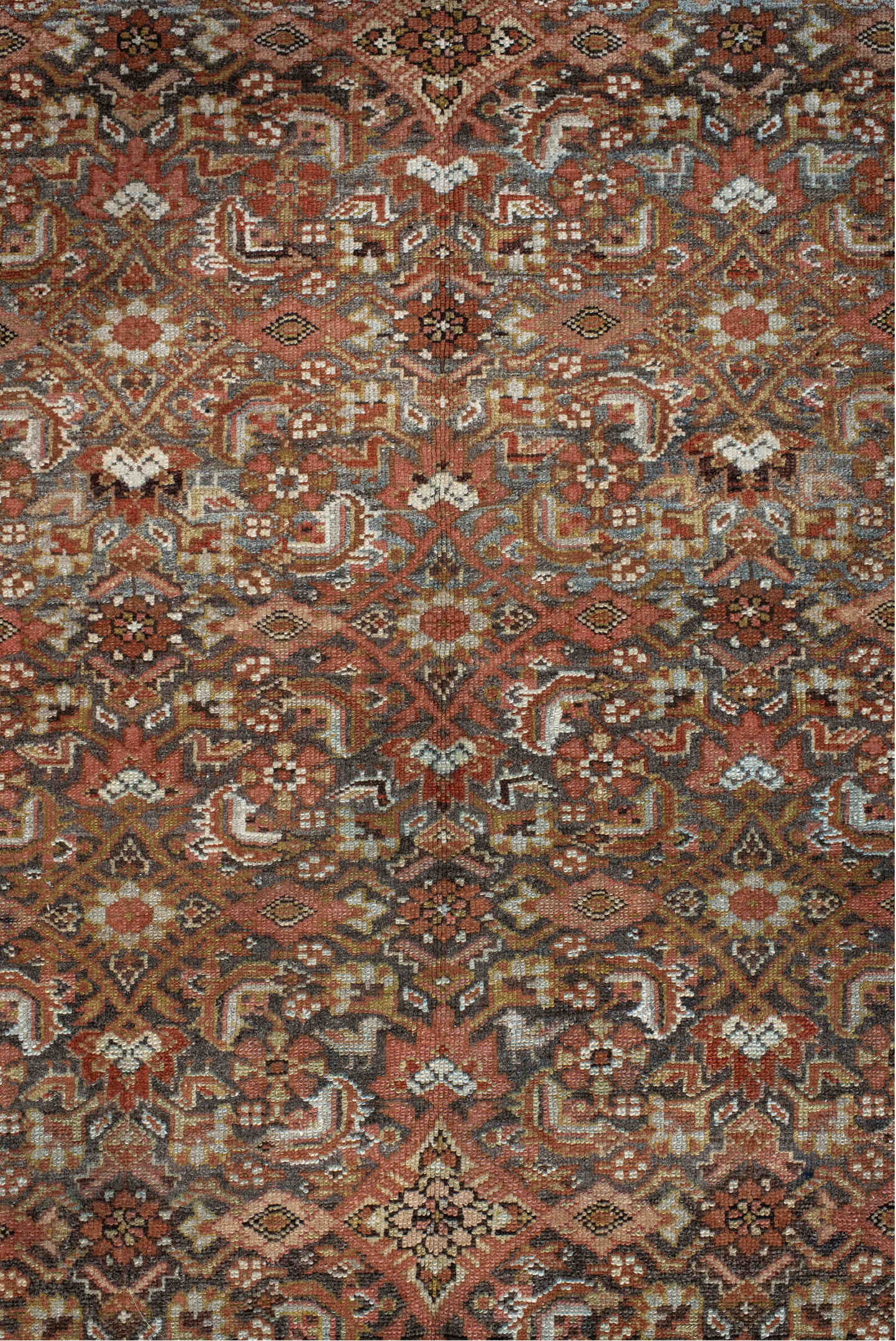 4' x 7' one-of-a-kind handmade vintage Malayer rug. Color palette: antiquewhite, black, brown, gray, light gray, linen