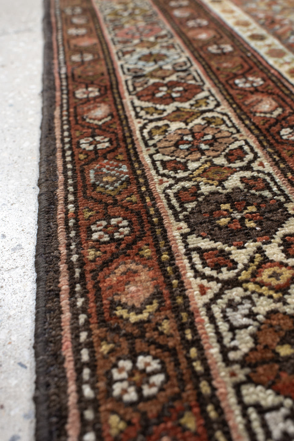 4' x 7' one-of-a-kind handmade antique Malayer rug. Color palette: rust, ivory, brown, sky blue, camel, charcoal, rose, gold