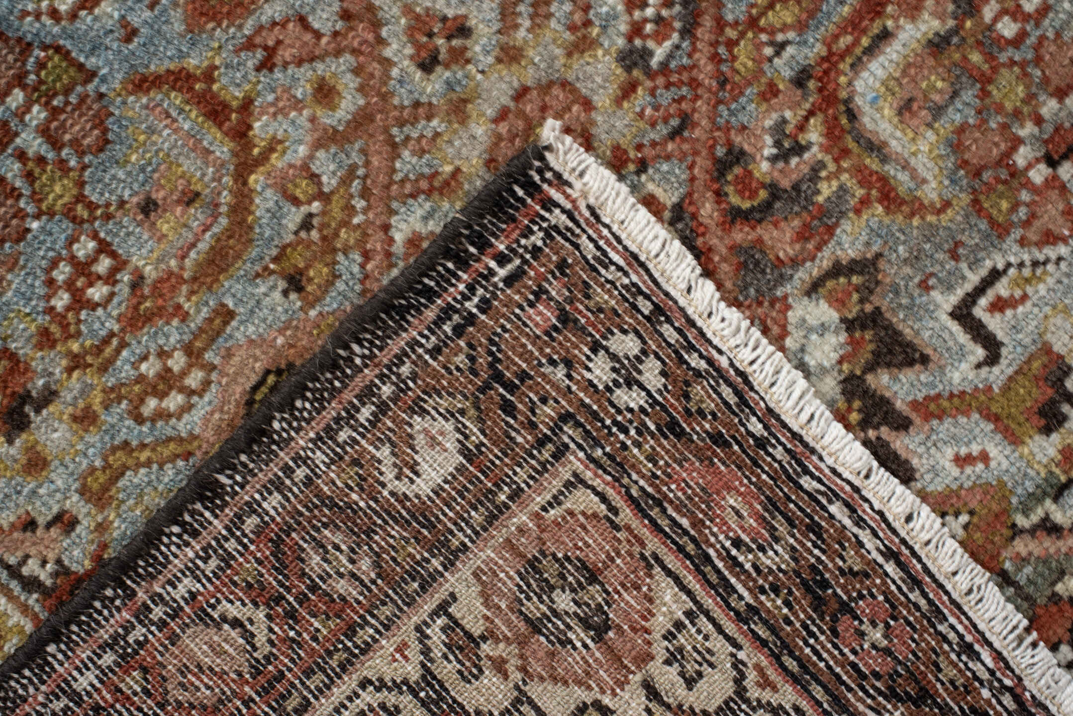 4' x 7' one-of-a-kind handmade antique Malayer rug. Color palette: rust, ivory, brown, sky blue, camel, charcoal, rose, gold