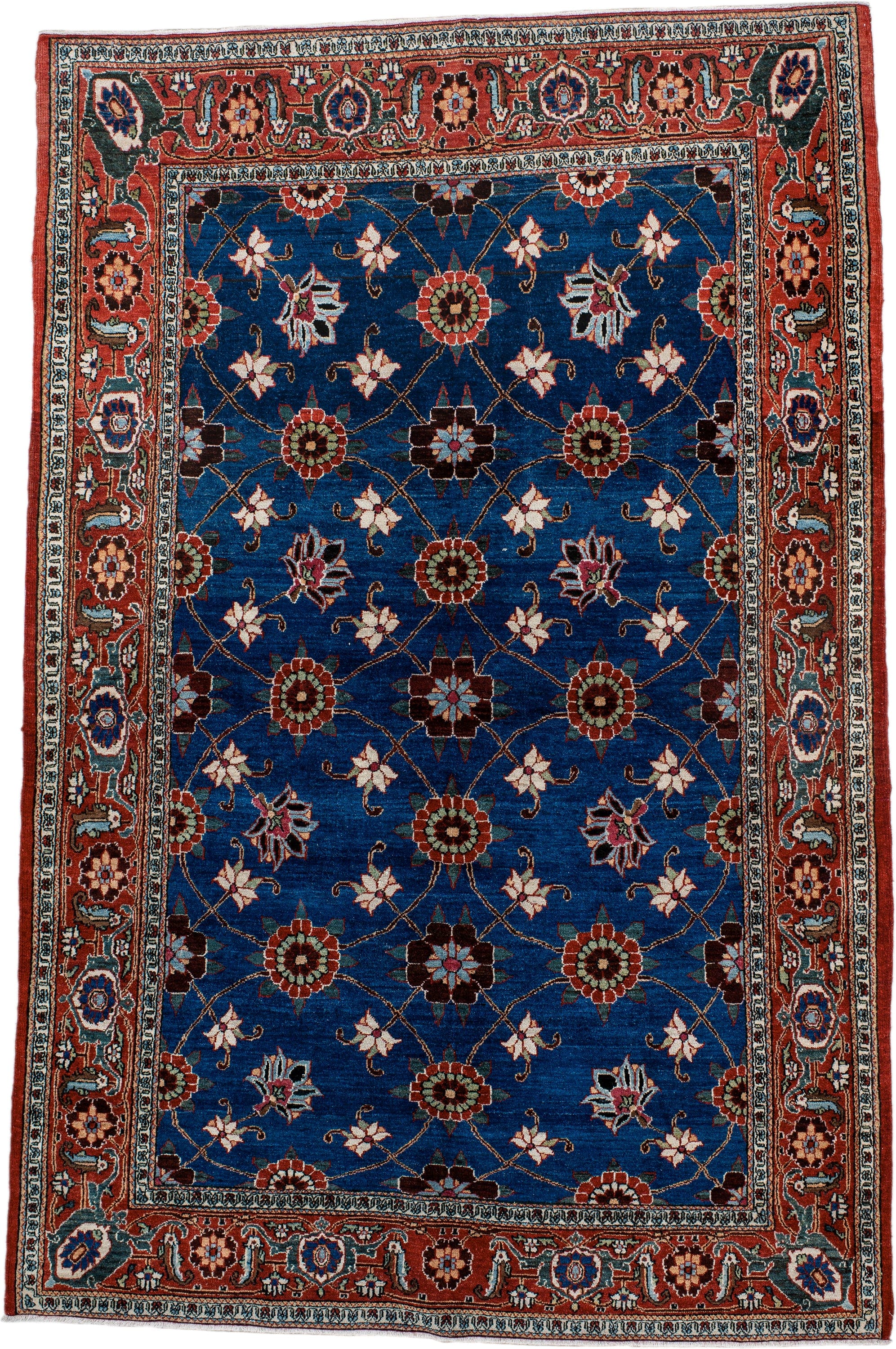 4' x 6' one-of-a-kind handmade antique Varamin small size rug. Color palette: cobalt, rust, ivory, navy, sage, burgundy