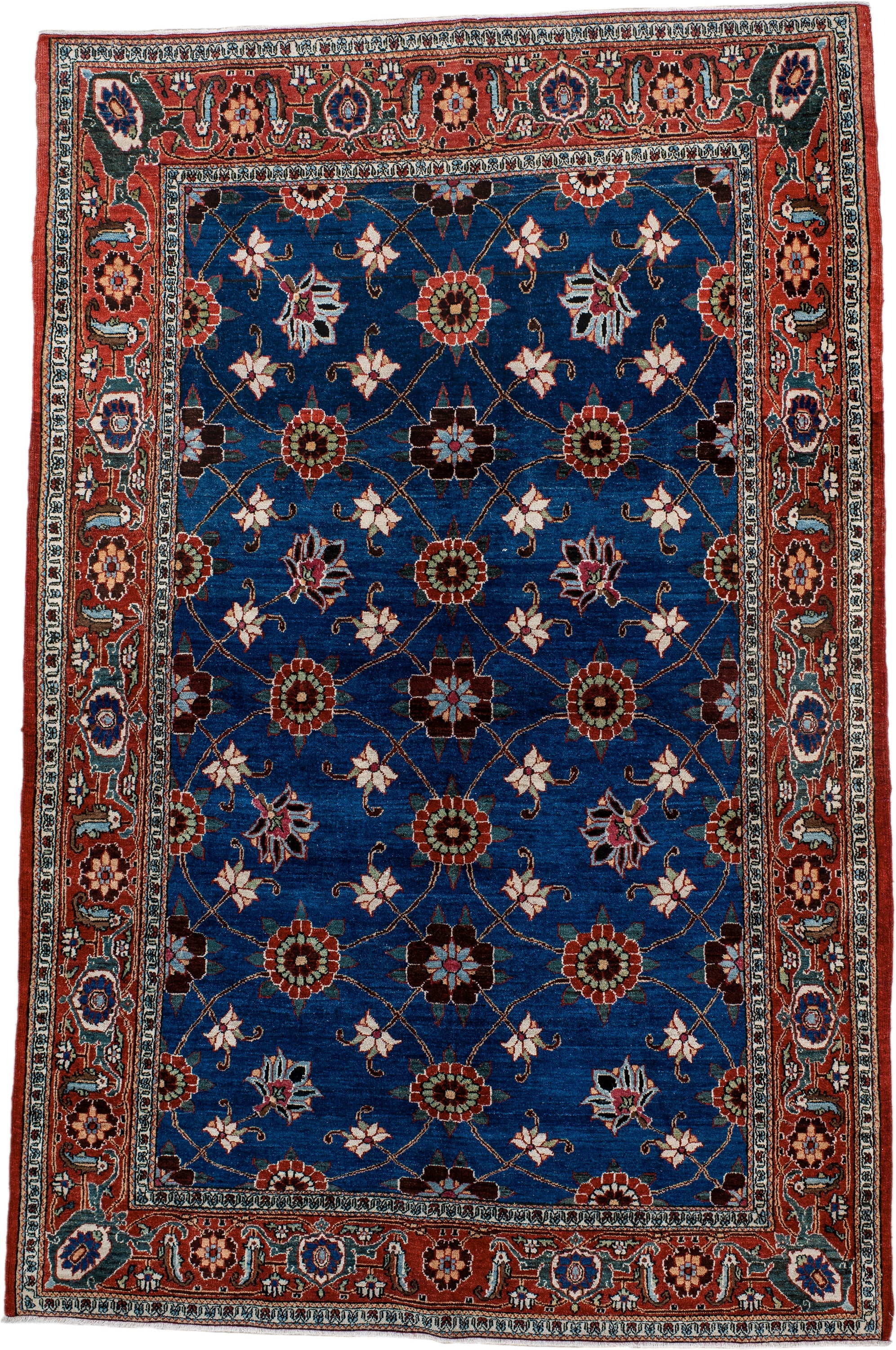4' x 6' one-of-a-kind handmade antique Varamin small size rug. Color palette: cobalt, rust, ivory, navy, sage, burgundy