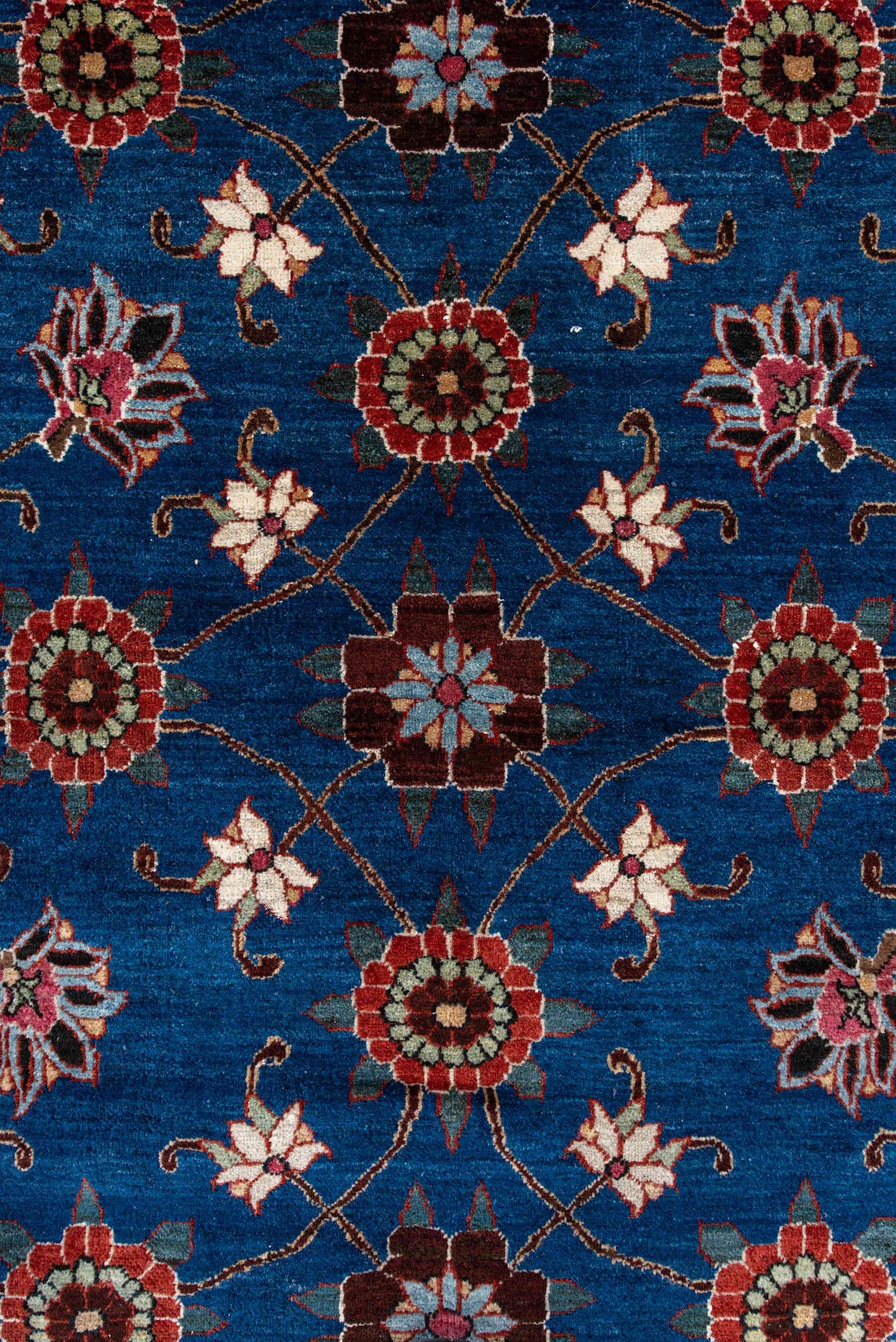 4' x 6' one-of-a-kind handmade antique Varamin small size rug. Color palette: cobalt, rust, ivory, navy, sage, burgundy