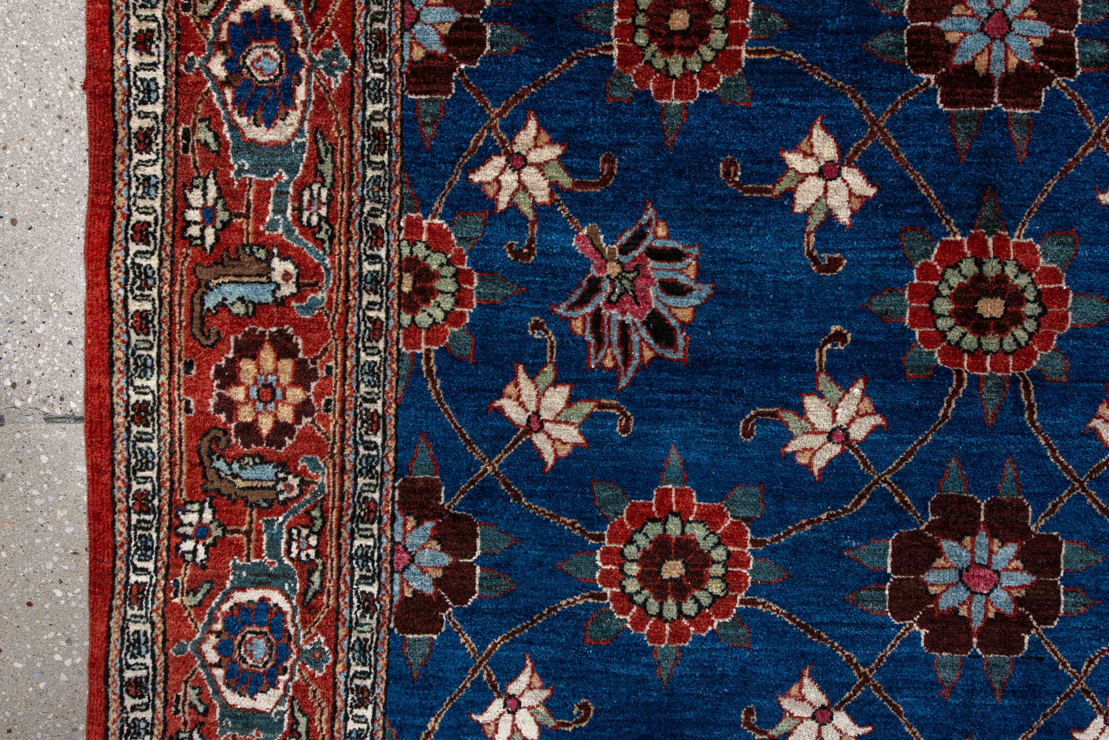 4' x 6' one-of-a-kind handmade antique Varamin small size rug. Color palette: cobalt, rust, ivory, navy, sage, burgundy