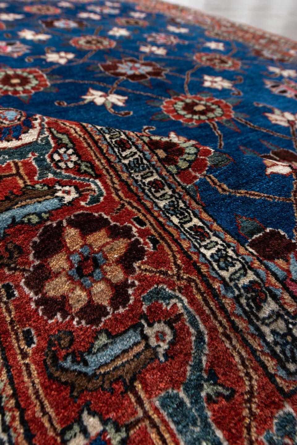 4' x 6' one-of-a-kind handmade antique Varamin small size rug. Color palette: cobalt, rust, ivory, navy, sage, burgundy