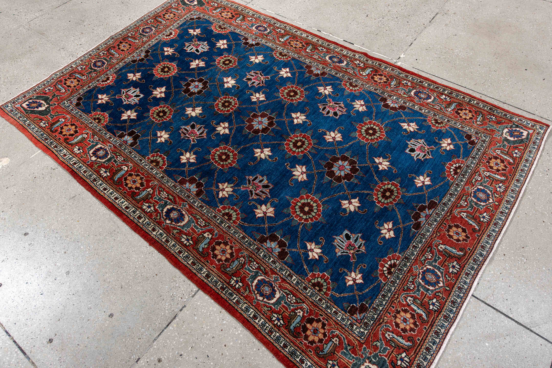 4' x 6' one-of-a-kind handmade antique Varamin small size rug. Color palette: cobalt, rust, ivory, navy, sage, burgundy