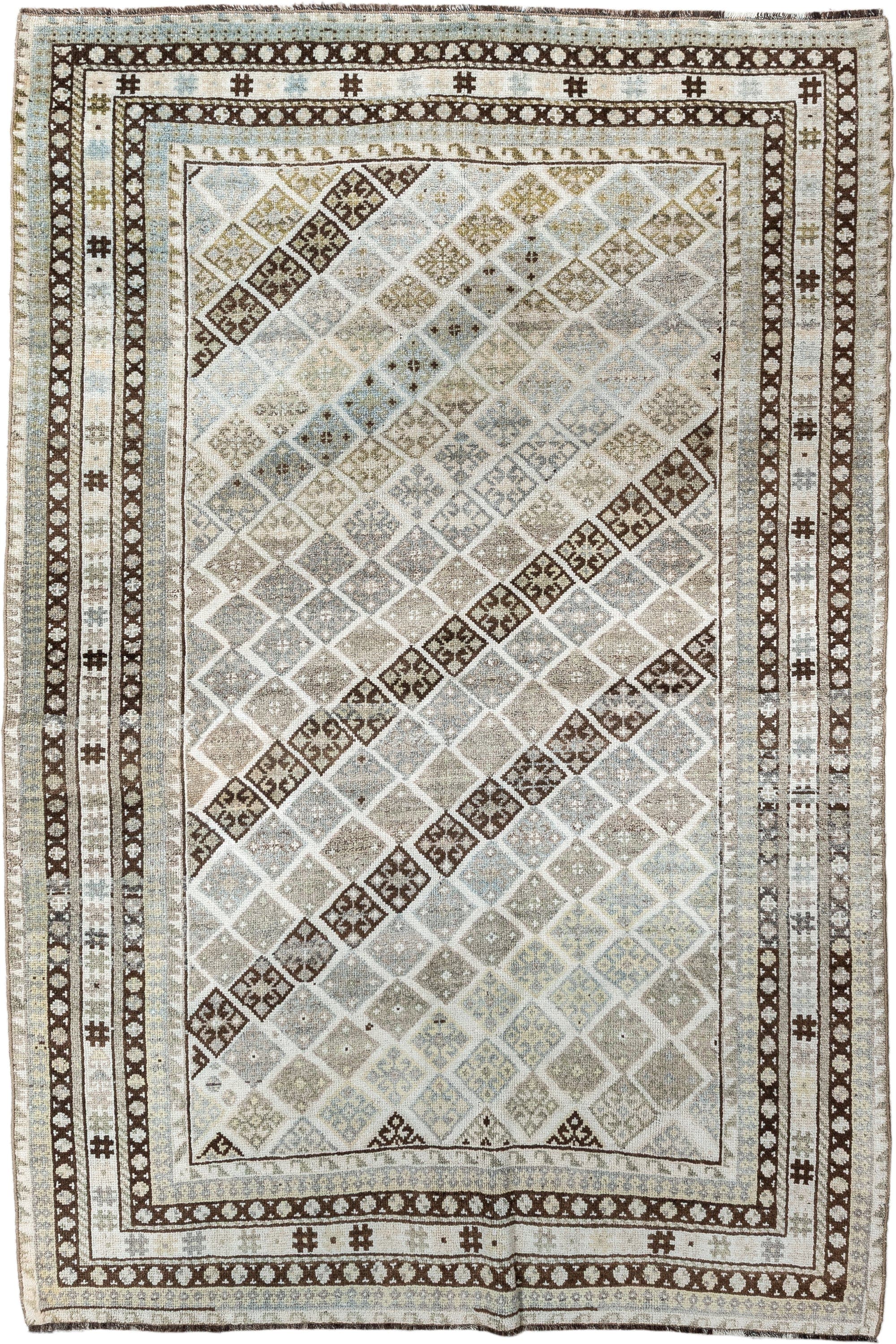 4' x 6' one-of-a-kind handmade vintage Gabbe small size rug. Color palette: ivory, taupe, brown, pale blue, beige, camel