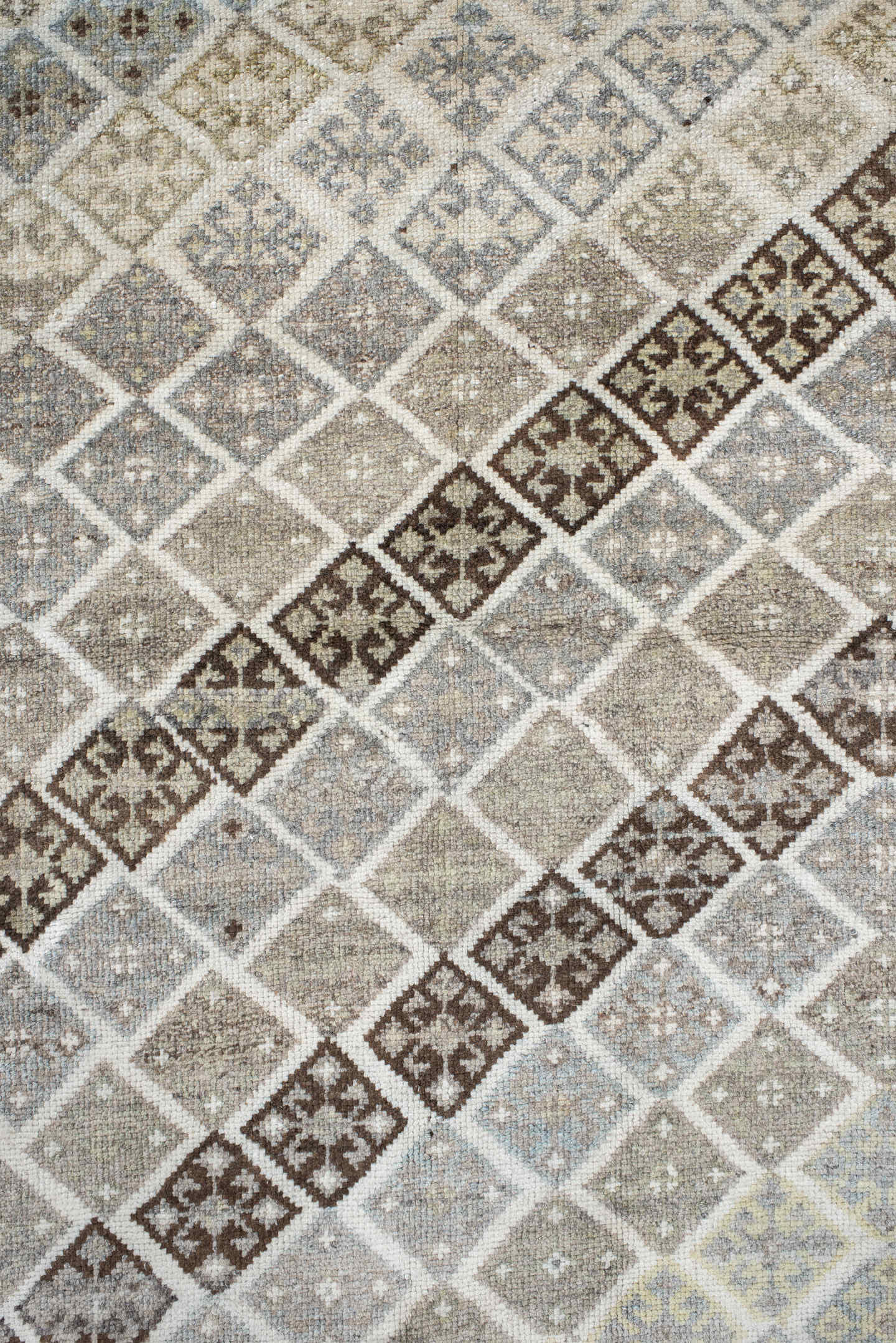 4' x 6' one-of-a-kind handmade vintage Gabbe small size rug. Color palette: ivory, taupe, brown, pale blue, beige, camel