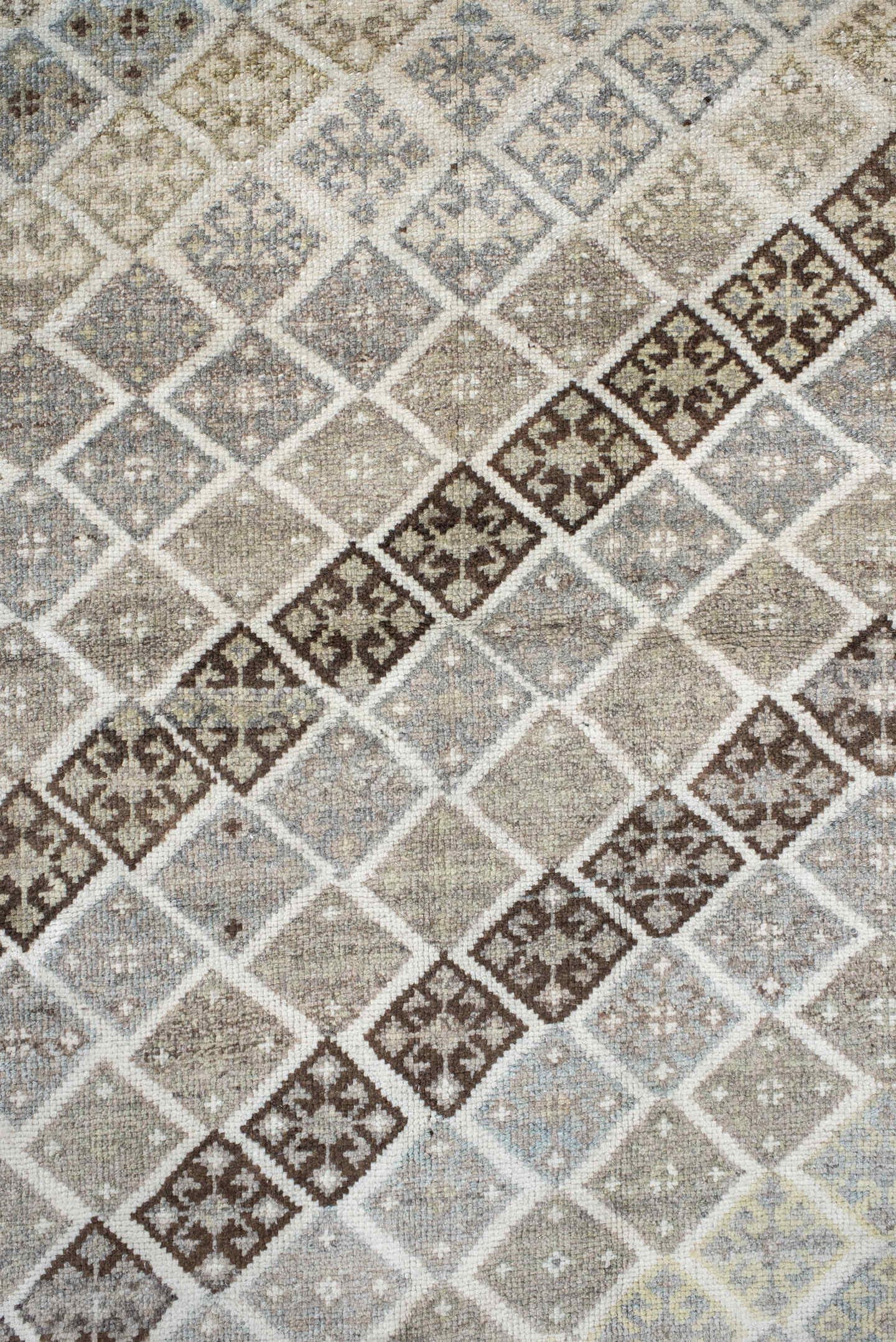 4' x 6' one-of-a-kind handmade vintage Gabbe small size rug. Color palette: ivory, taupe, brown, pale blue, beige, camel