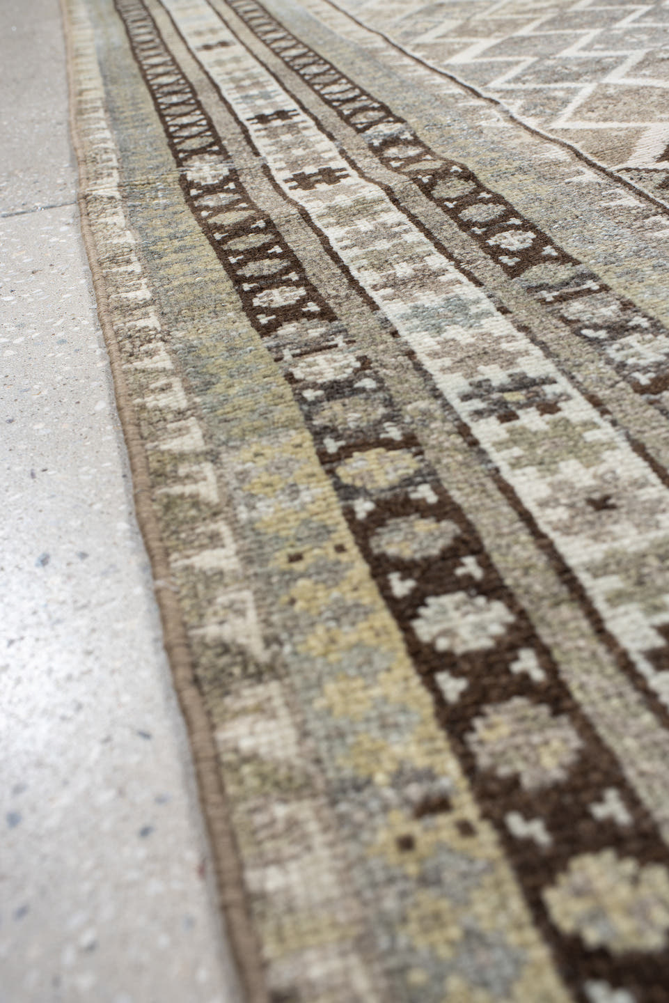 4' x 6' one-of-a-kind handmade vintage Gabbe small size rug. Color palette: ivory, taupe, brown, pale blue, beige, camel