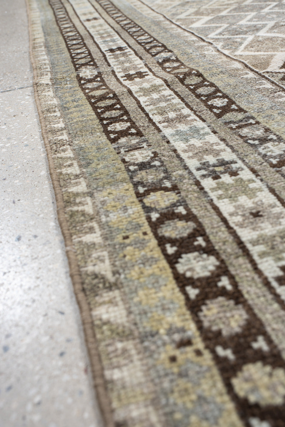 4' x 6' one-of-a-kind handmade vintage Gabbe small size rug. Color palette: ivory, taupe, brown, pale blue, beige, camel