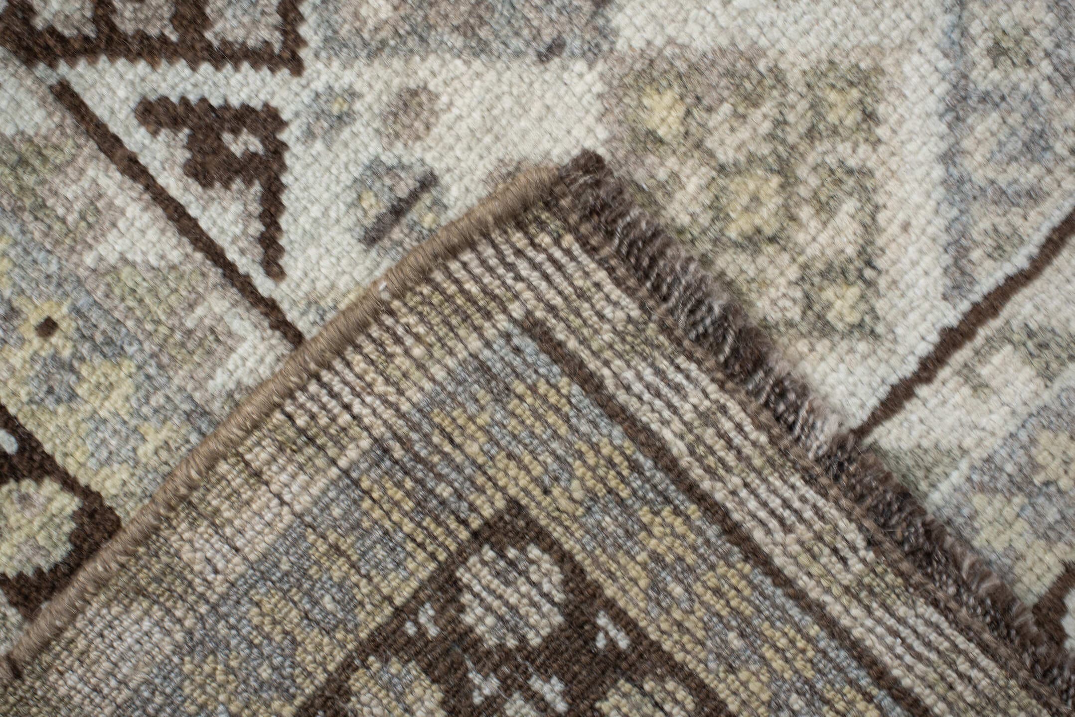 4' x 6' one-of-a-kind handmade vintage Gabbe small size rug. Color palette: ivory, taupe, brown, pale blue, beige, camel