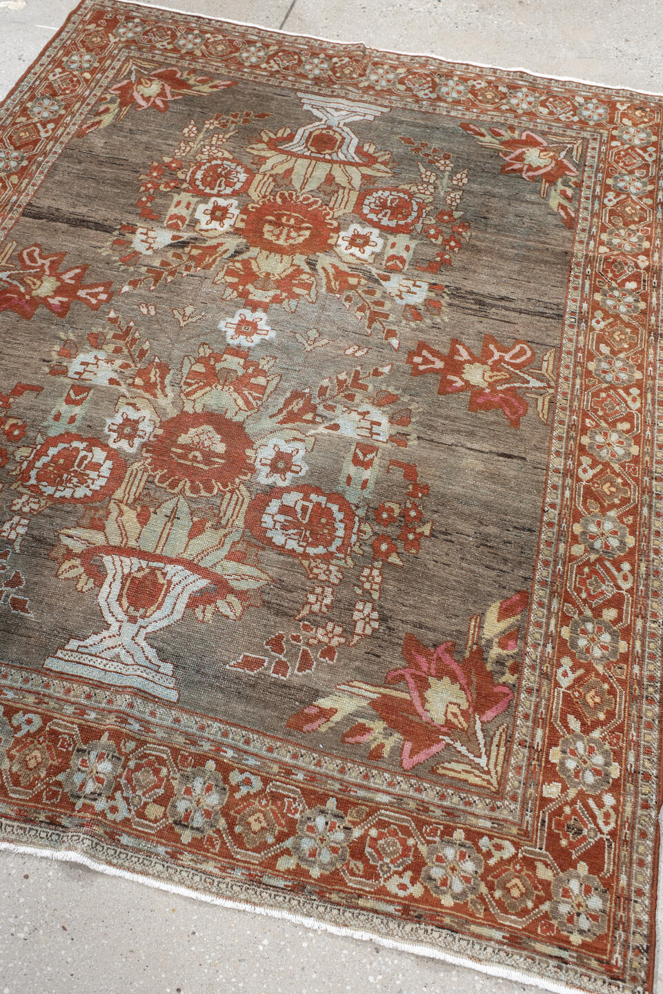 4' x 6' one-of-a-kind handmade vintage Afshar small size rug. Color palette: brown, dark gray, gainsboro, gray, light gray