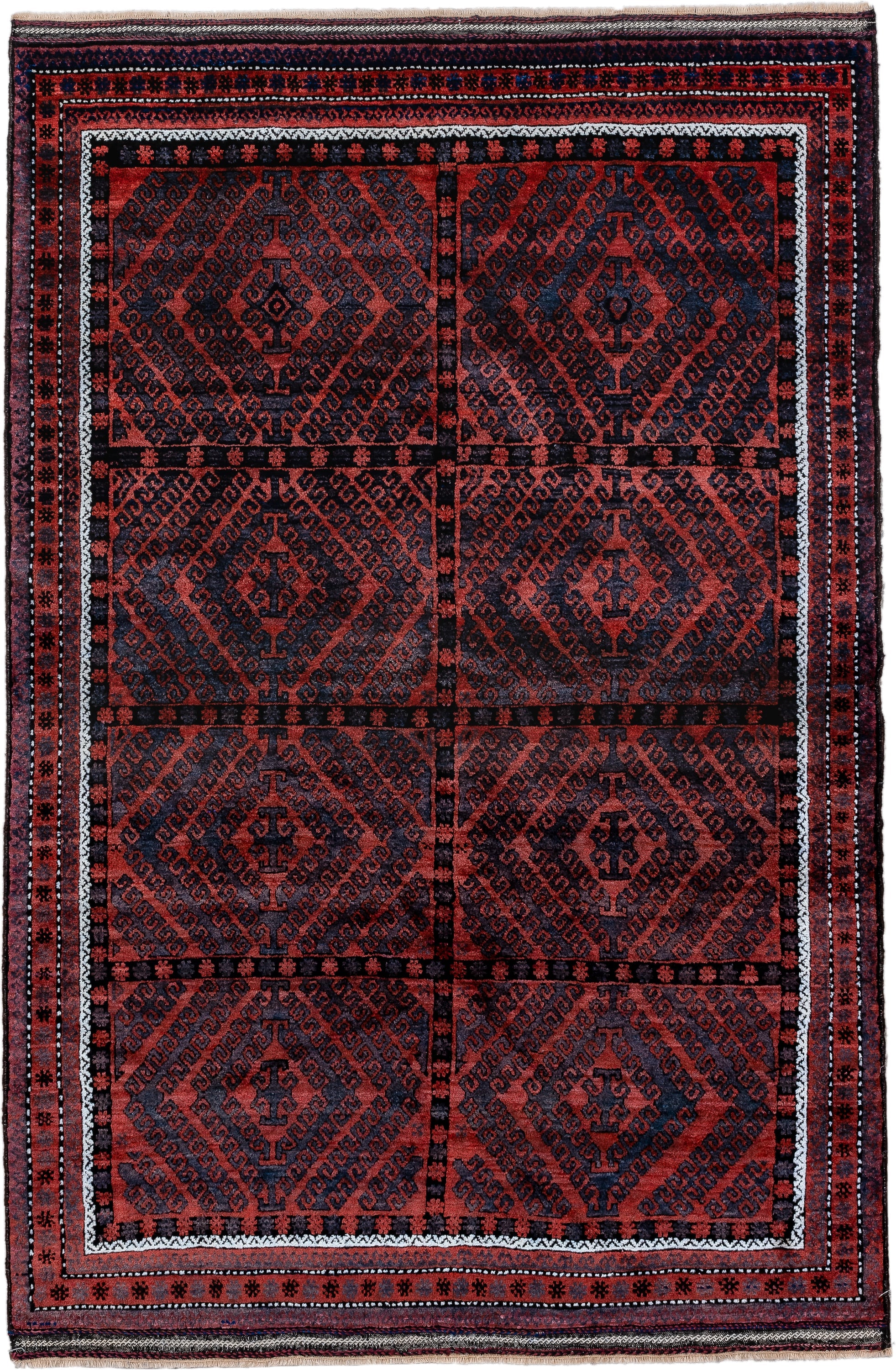 4' x 6' one-of-a-kind handmade vintage Belouch small size rug. Color palette: rust, navy, burgundy, ivory, charcoal