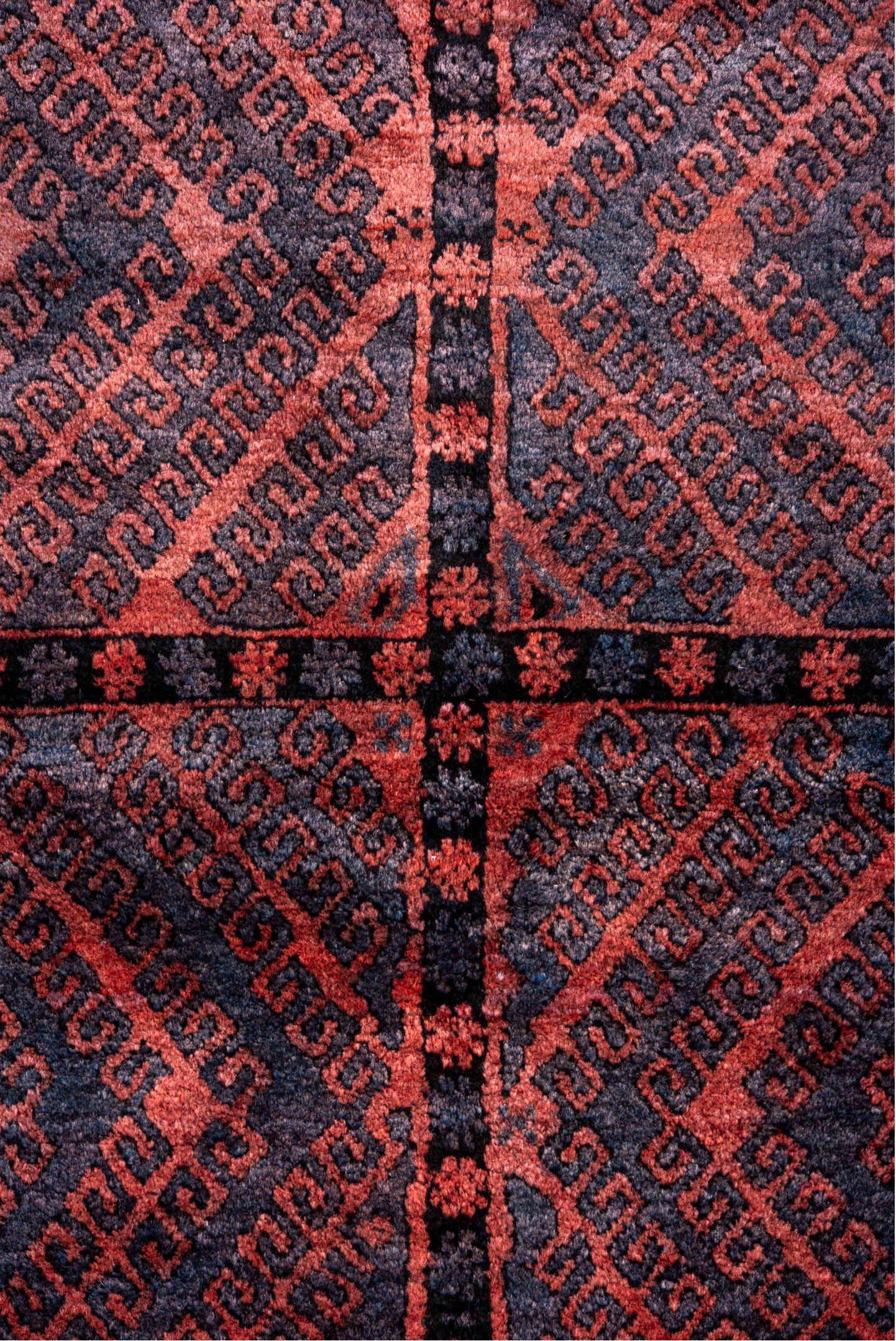 4' x 6' one-of-a-kind handmade vintage Belouch small size rug. Color palette: rust, navy, burgundy, ivory, charcoal