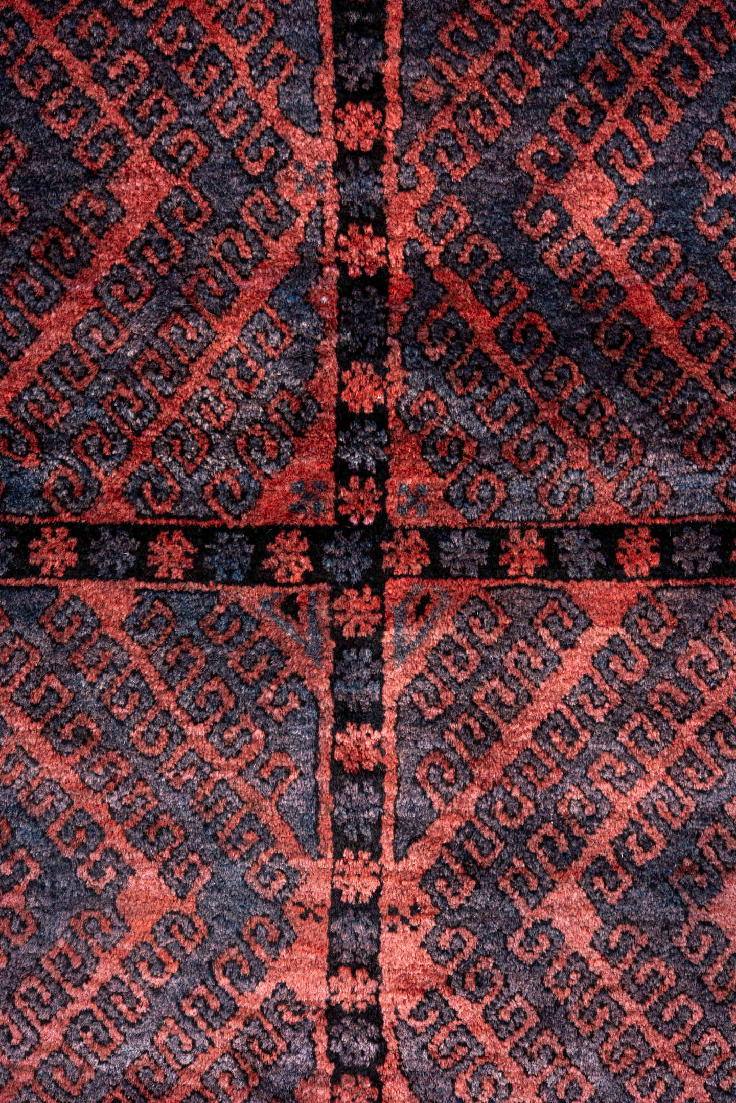 4' x 6' one-of-a-kind handmade vintage Belouch small size rug. Color palette: rust, navy, burgundy, ivory, charcoal