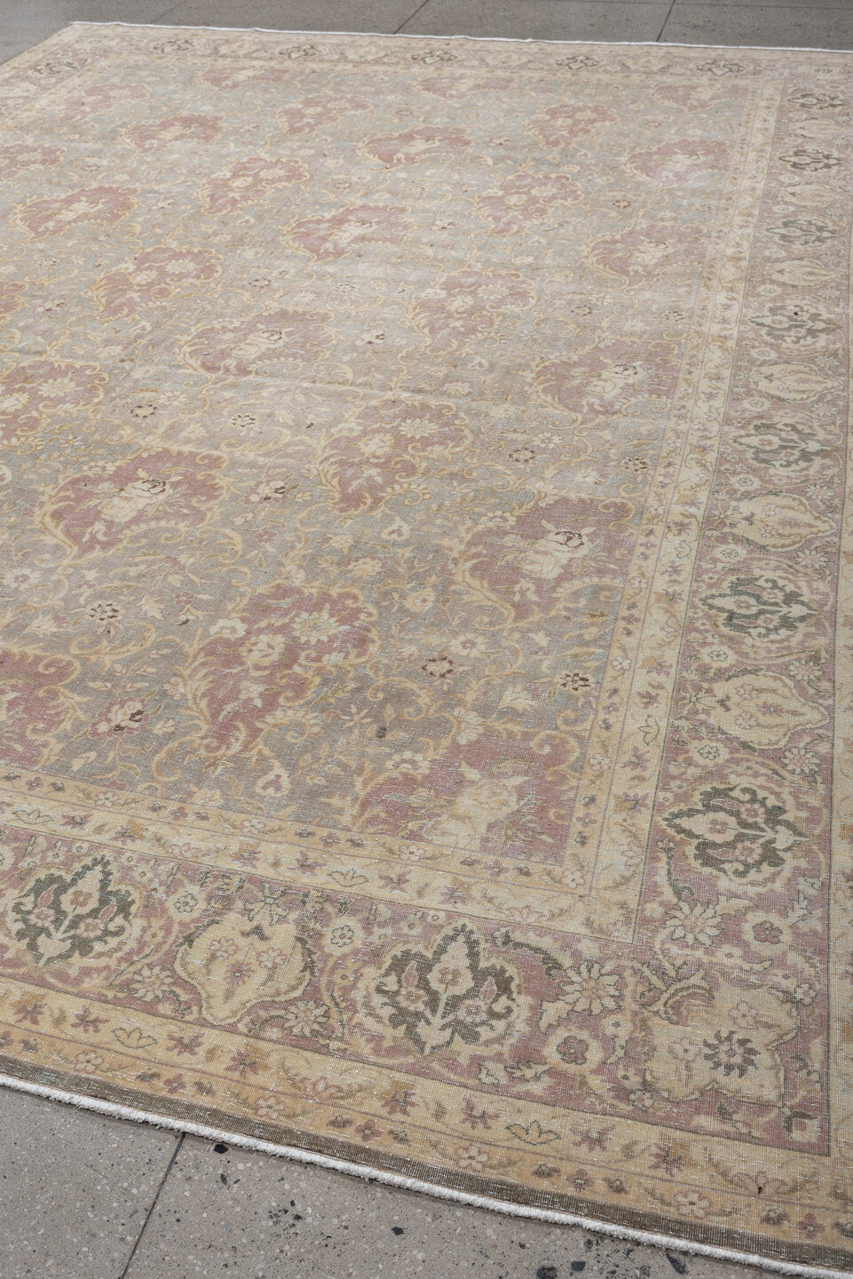 9' x 12' one-of-a-kind handmade vintage Tabriz large size rug. Color palette: ivory, blue-gray, blush, taupe, sage, charcoal