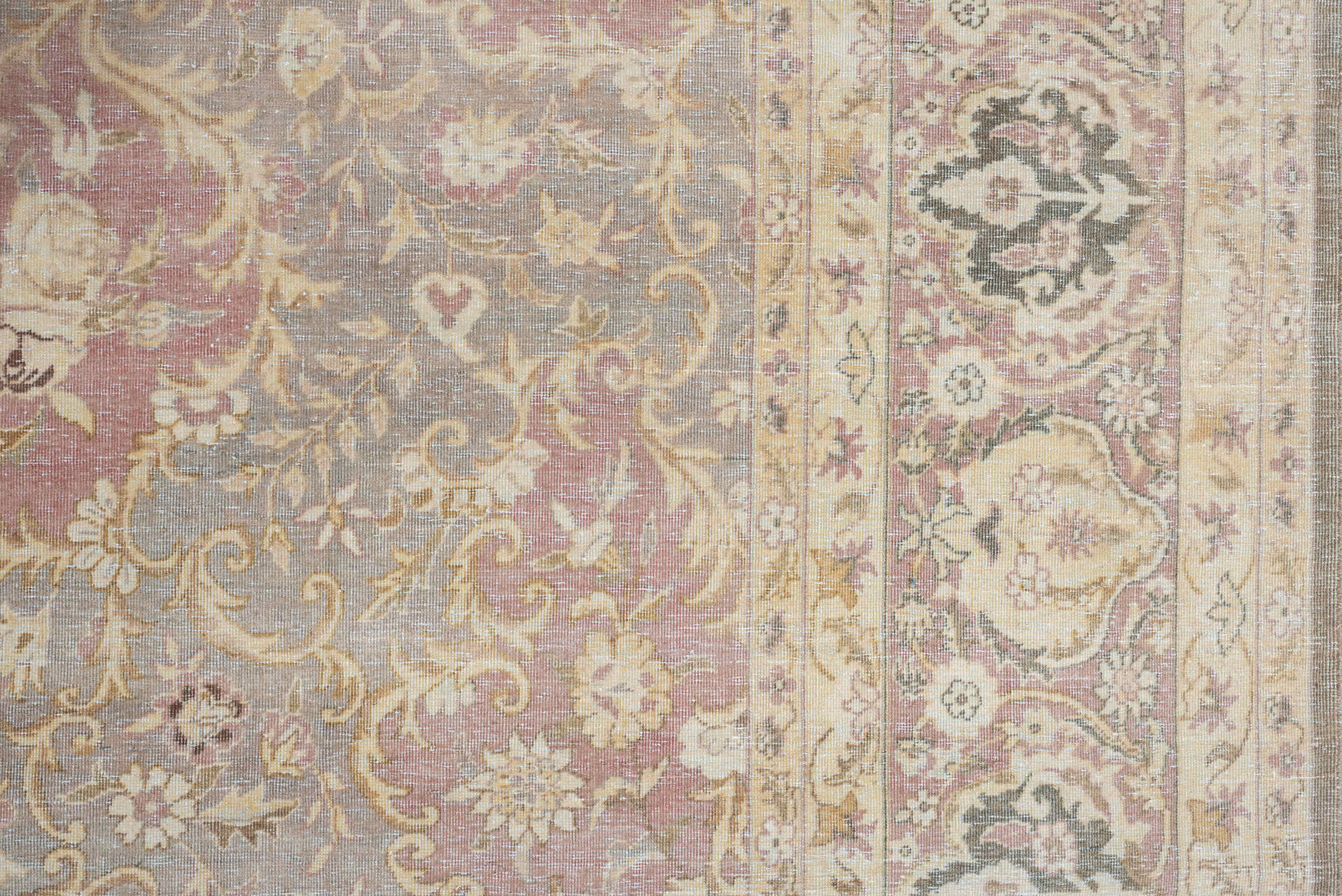 9' x 12' one-of-a-kind handmade vintage Tabriz large size rug. Color palette: ivory, blue-gray, blush, taupe, sage, charcoal