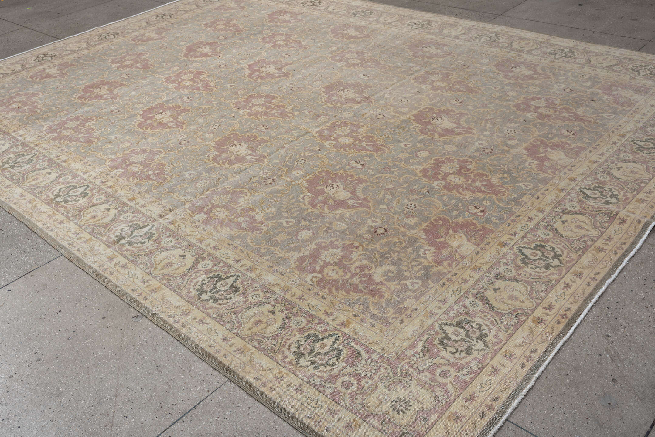 9' x 12' one-of-a-kind handmade vintage Tabriz large size rug. Color palette: ivory, blue-gray, blush, taupe, sage, charcoal