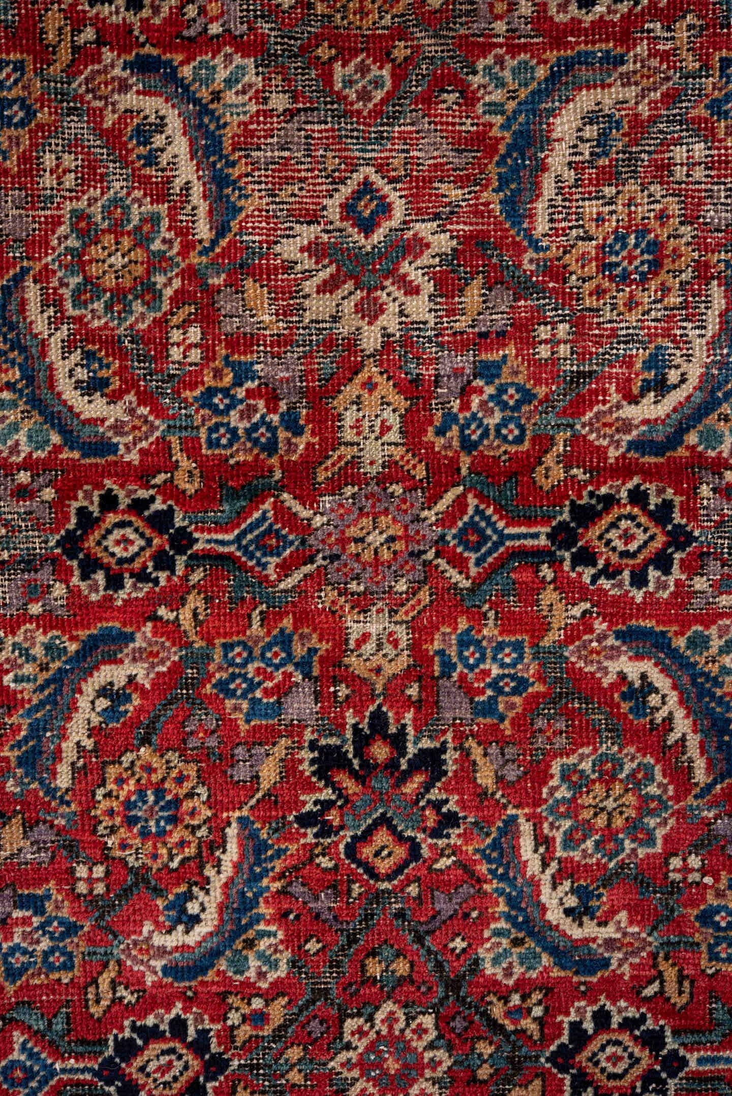 5' x 12' one-of-a-kind handmade vintage Farahan rug. Color palette: red, ivory, navy, slate, rose, camel, charcoal, blue