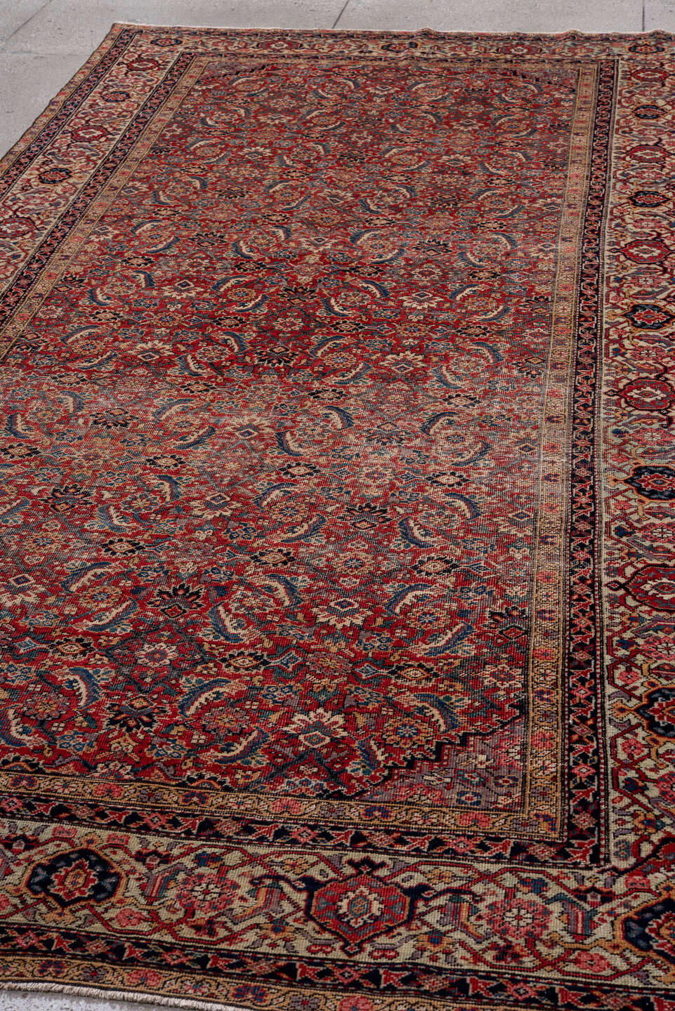 5' x 12' one-of-a-kind handmade vintage Farahan rug. Color palette: red, ivory, navy, slate, rose, camel, charcoal, blue