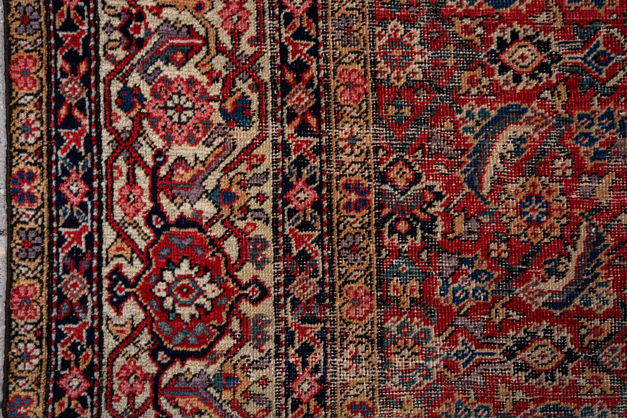 5' x 12' one-of-a-kind handmade vintage Farahan rug. Color palette: red, ivory, navy, slate, rose, camel, charcoal, blue