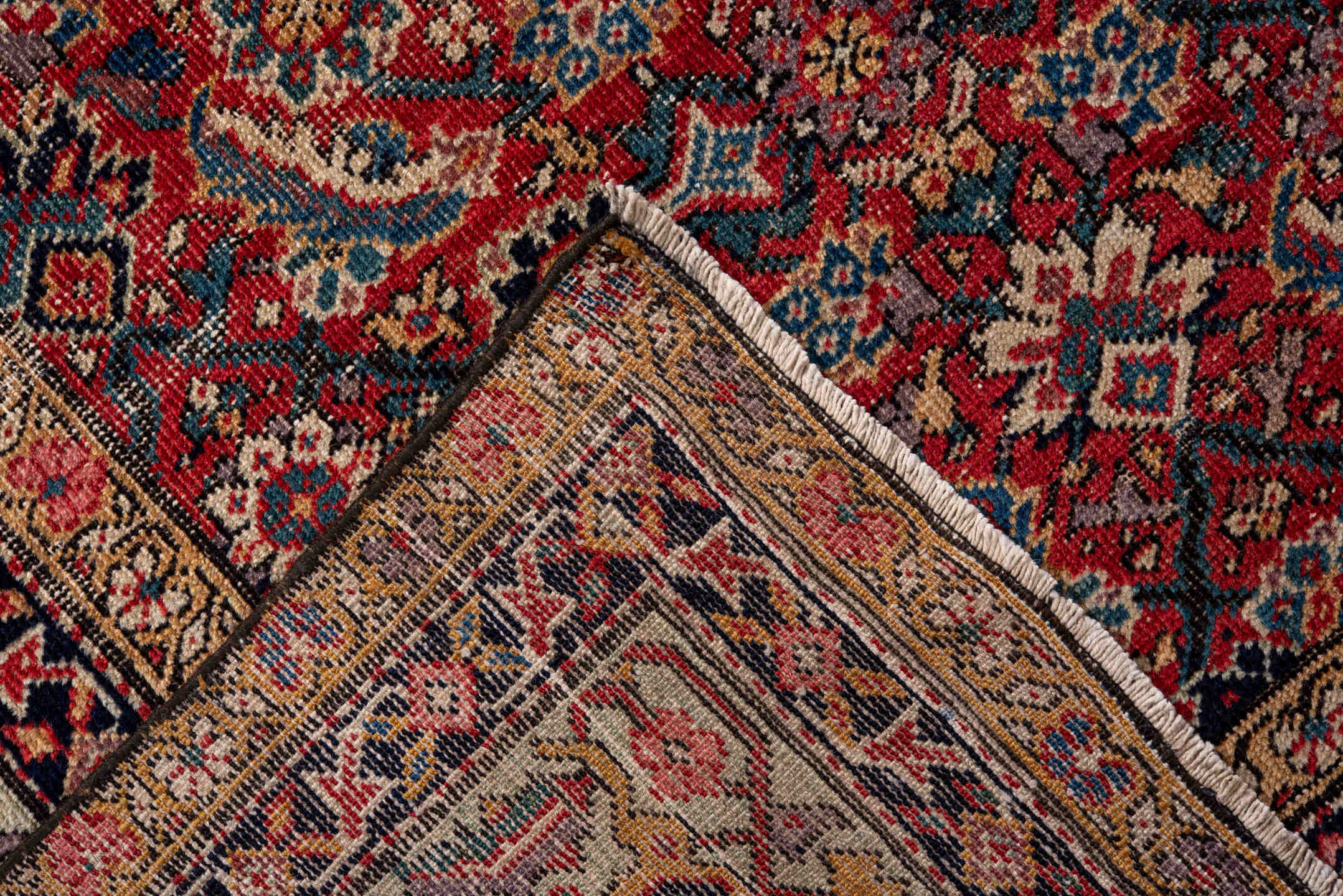 5' x 12' one-of-a-kind handmade vintage Farahan rug. Color palette: red, ivory, navy, slate, rose, camel, charcoal, blue