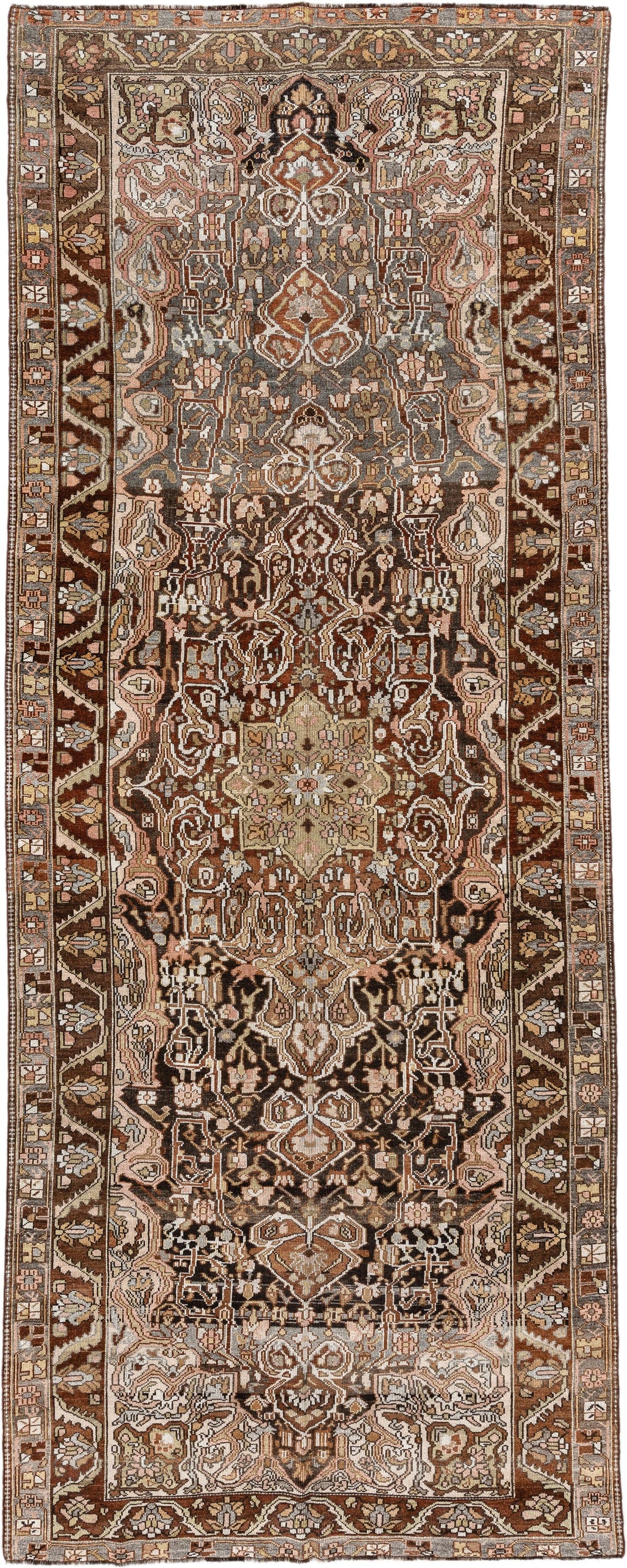 5' x 13' one-of-a-kind handmade vintage Baktiary rug. Color palette: brown, ivory, taupe, camel, charcoal, rust, sage, rose