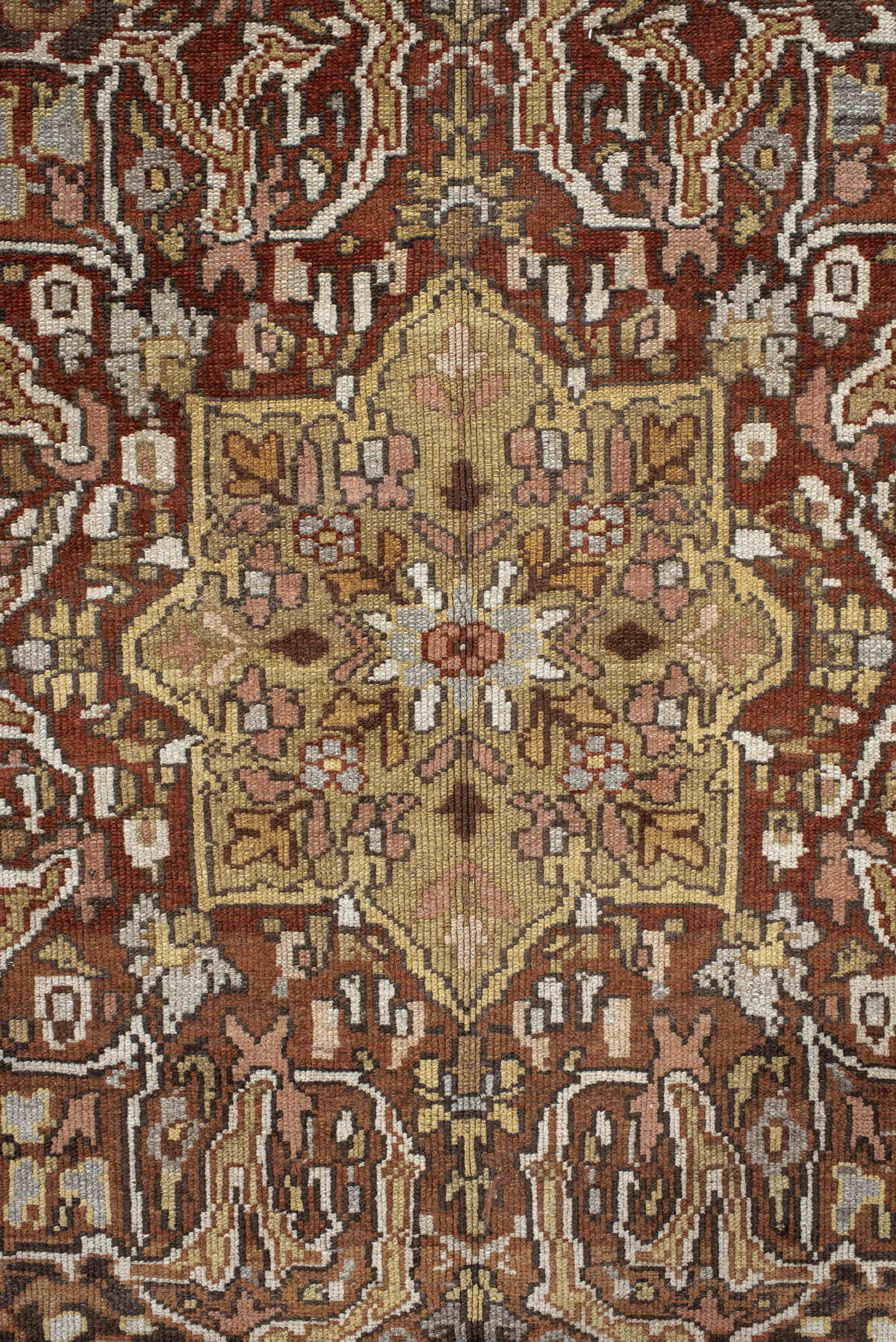 5' x 13' one-of-a-kind handmade vintage Baktiary rug. Color palette: brown, ivory, taupe, camel, charcoal, rust, sage, rose