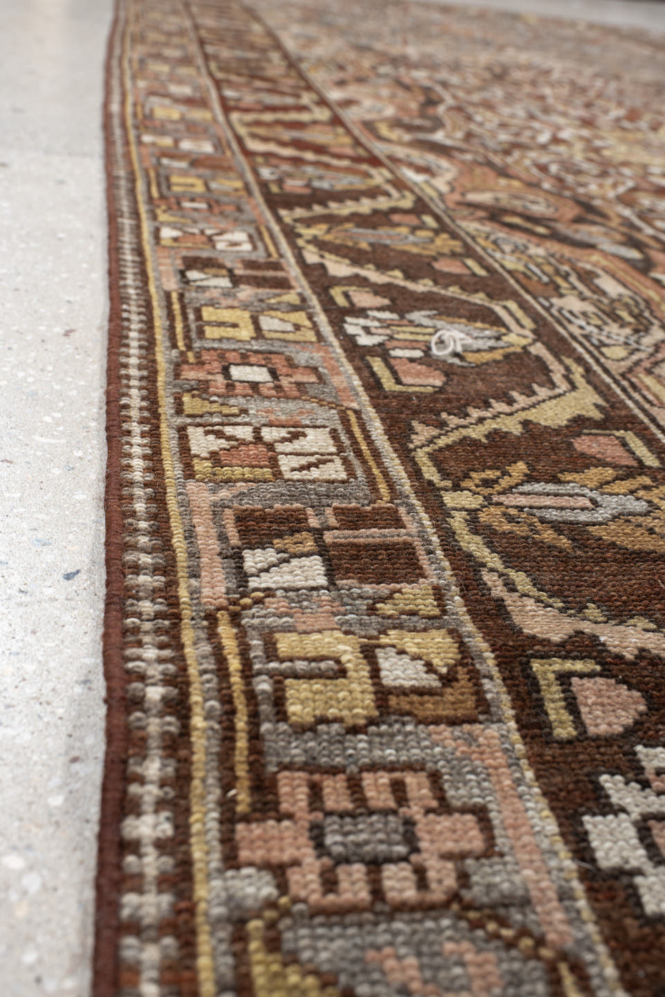 5' x 13' one-of-a-kind handmade vintage Baktiary rug. Color palette: brown, ivory, taupe, camel, charcoal, rust, sage, rose