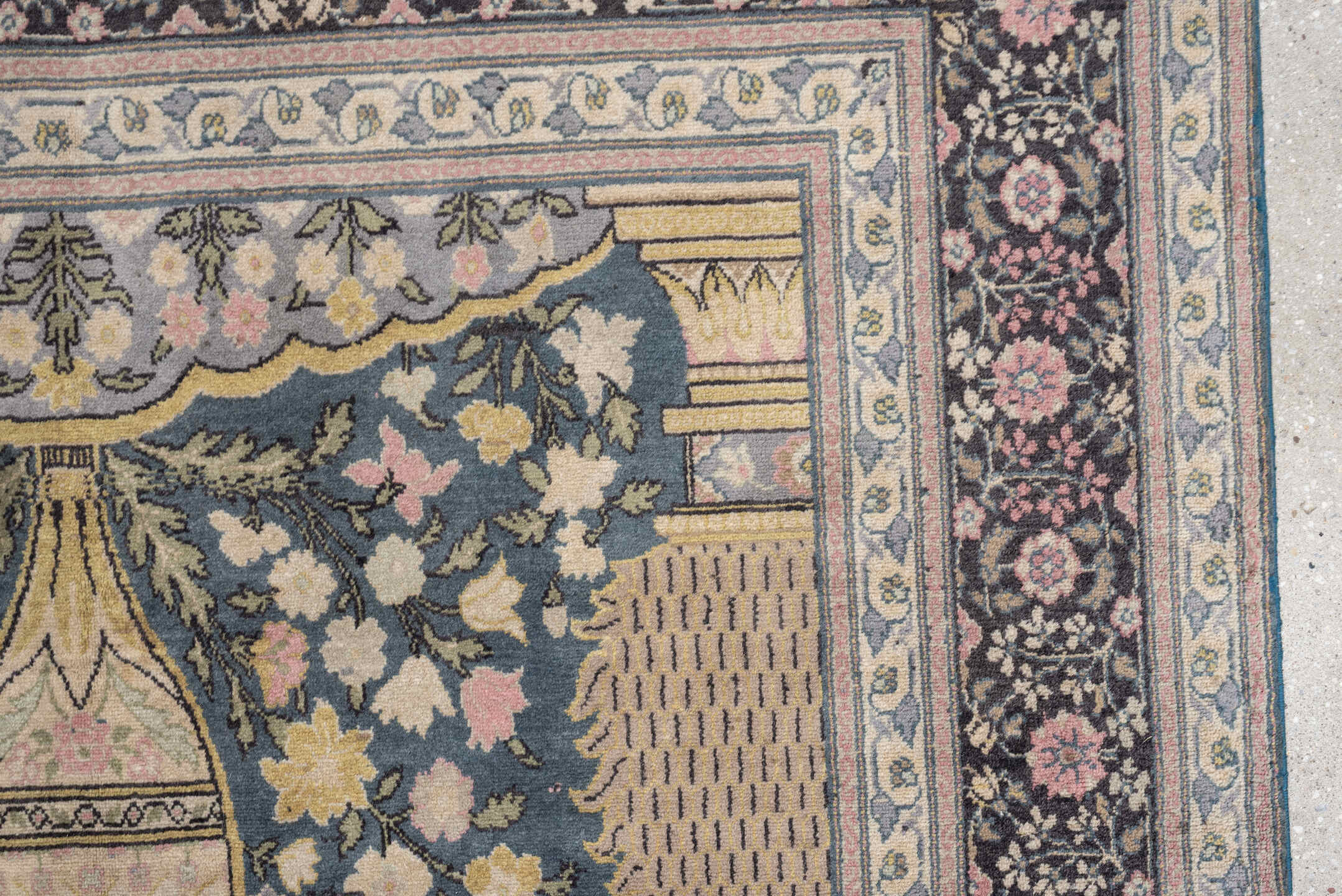 5' x 9' one-of-a-kind handmade vintage Sivas medium size rug. Color palette: soft blue, ivory, charcoal, blush, taupe, sage