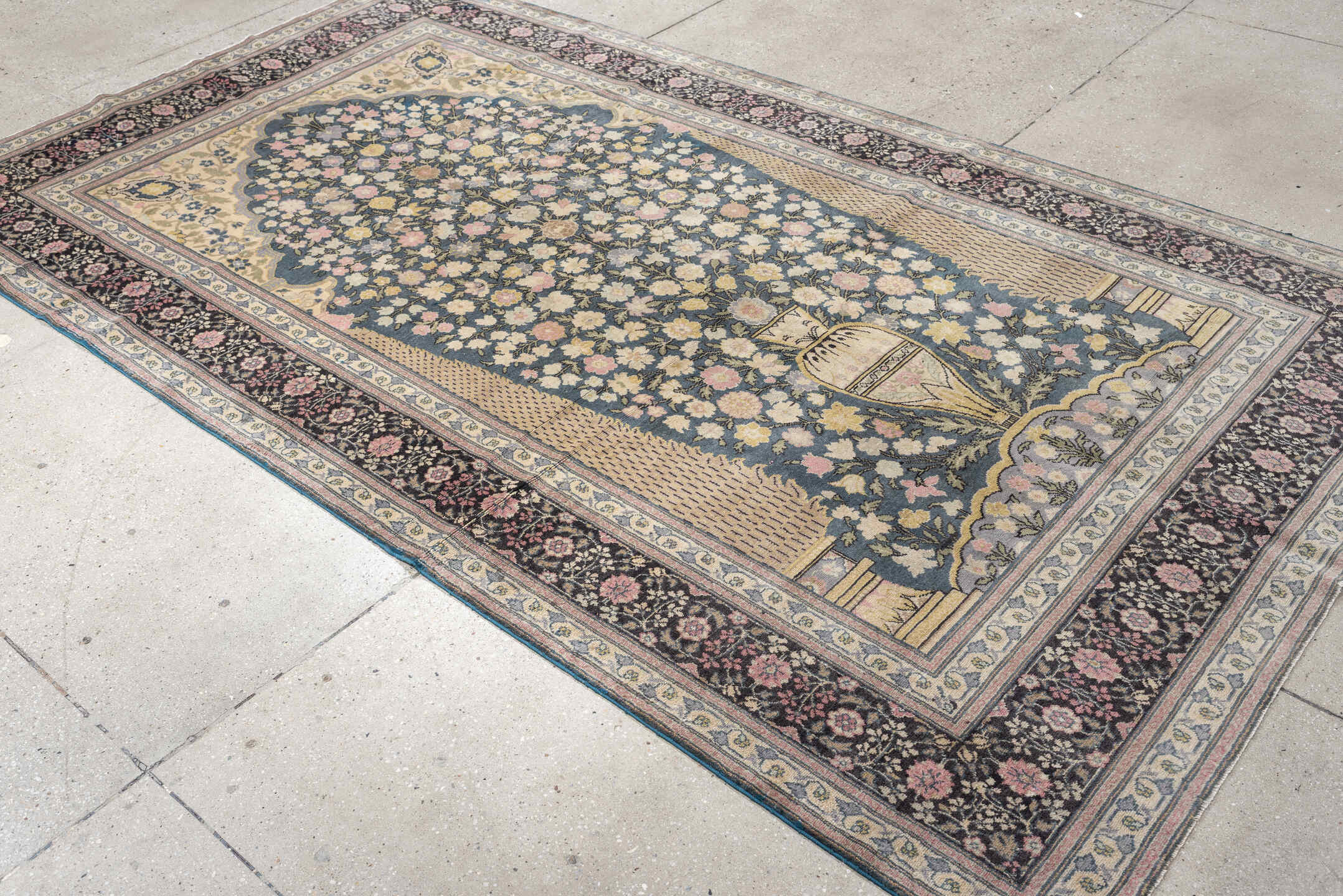 5' x 9' one-of-a-kind handmade vintage Sivas medium size rug. Color palette: soft blue, ivory, charcoal, blush, taupe, sage