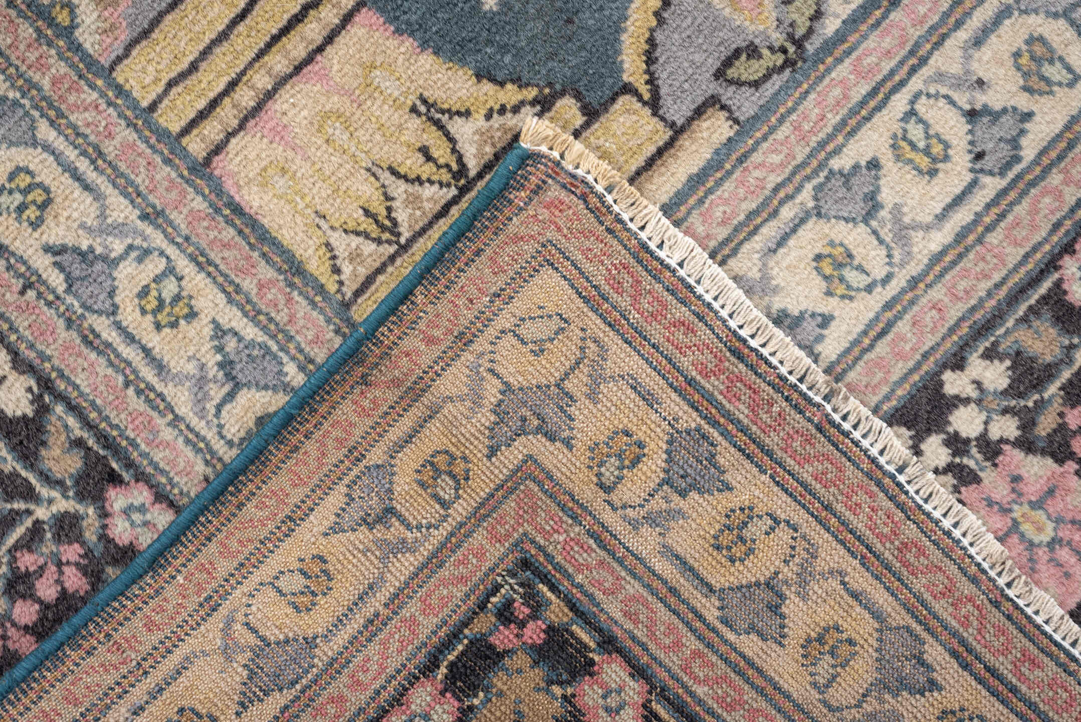 5' x 9' one-of-a-kind handmade vintage Sivas medium size rug. Color palette: soft blue, ivory, charcoal, blush, taupe, sage