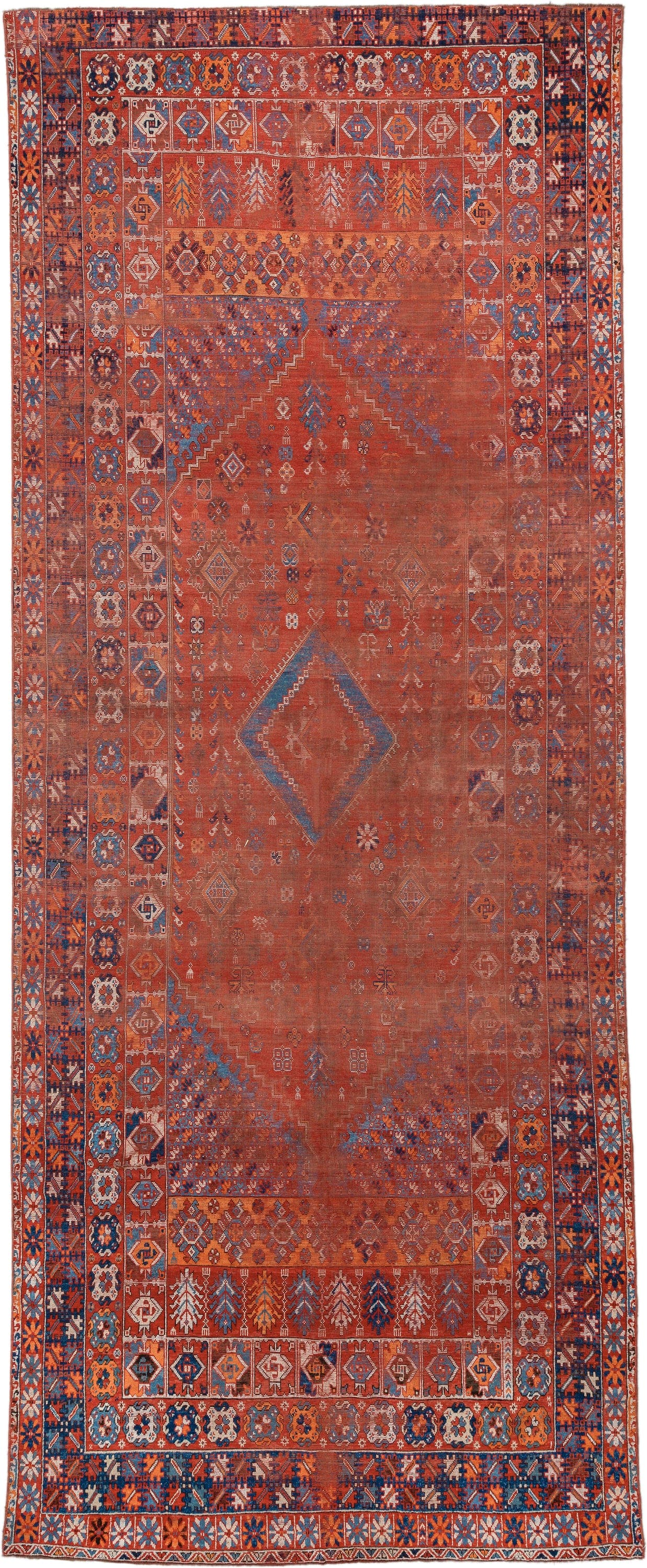 7' x 19' one-of-a-kind handmade vintage Marina rug. Color palette: terracotta, rust, indigo, ivory, sienna, navy, coral
