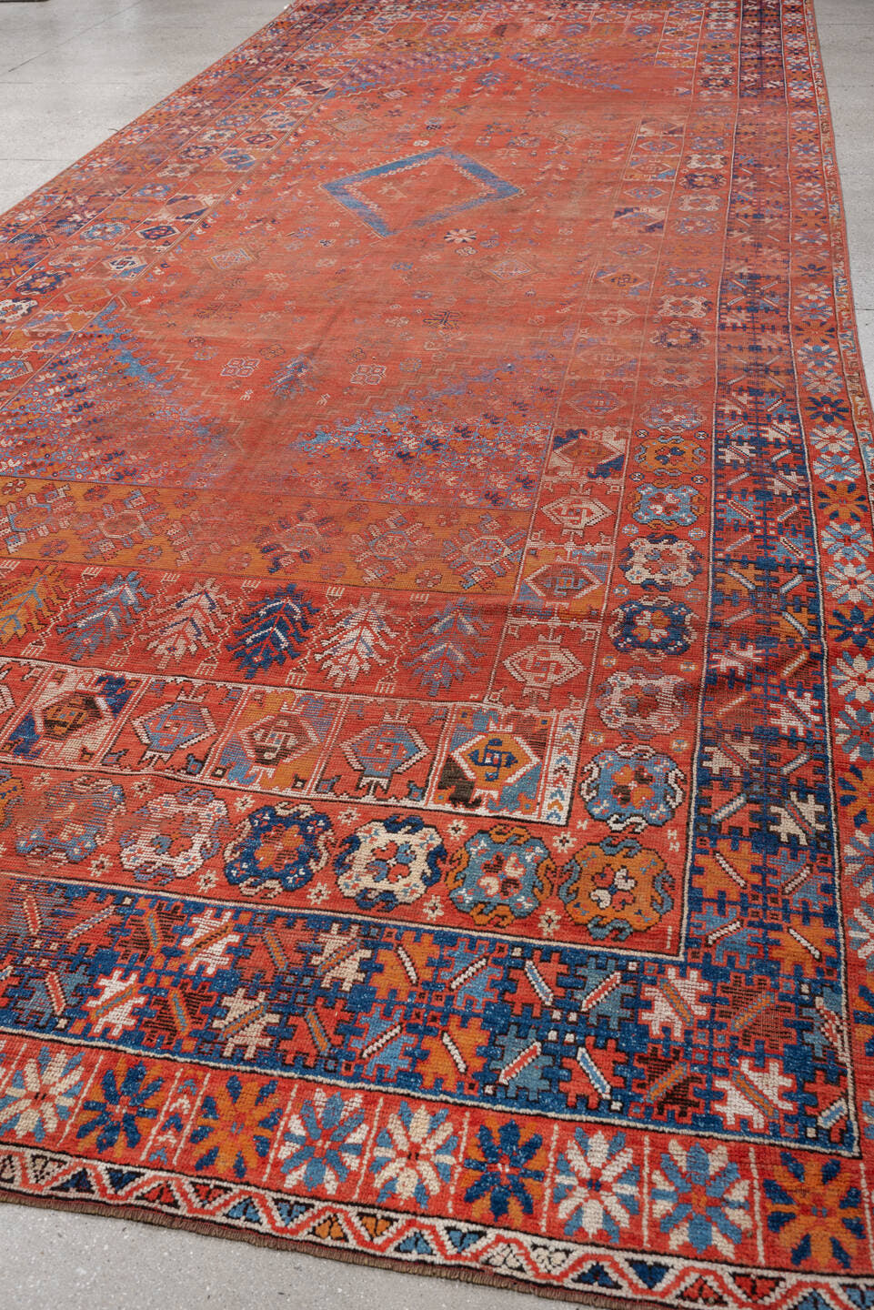 7' x 19' one-of-a-kind handmade vintage Marina rug. Color palette: terracotta, rust, indigo, ivory, sienna, navy, coral
