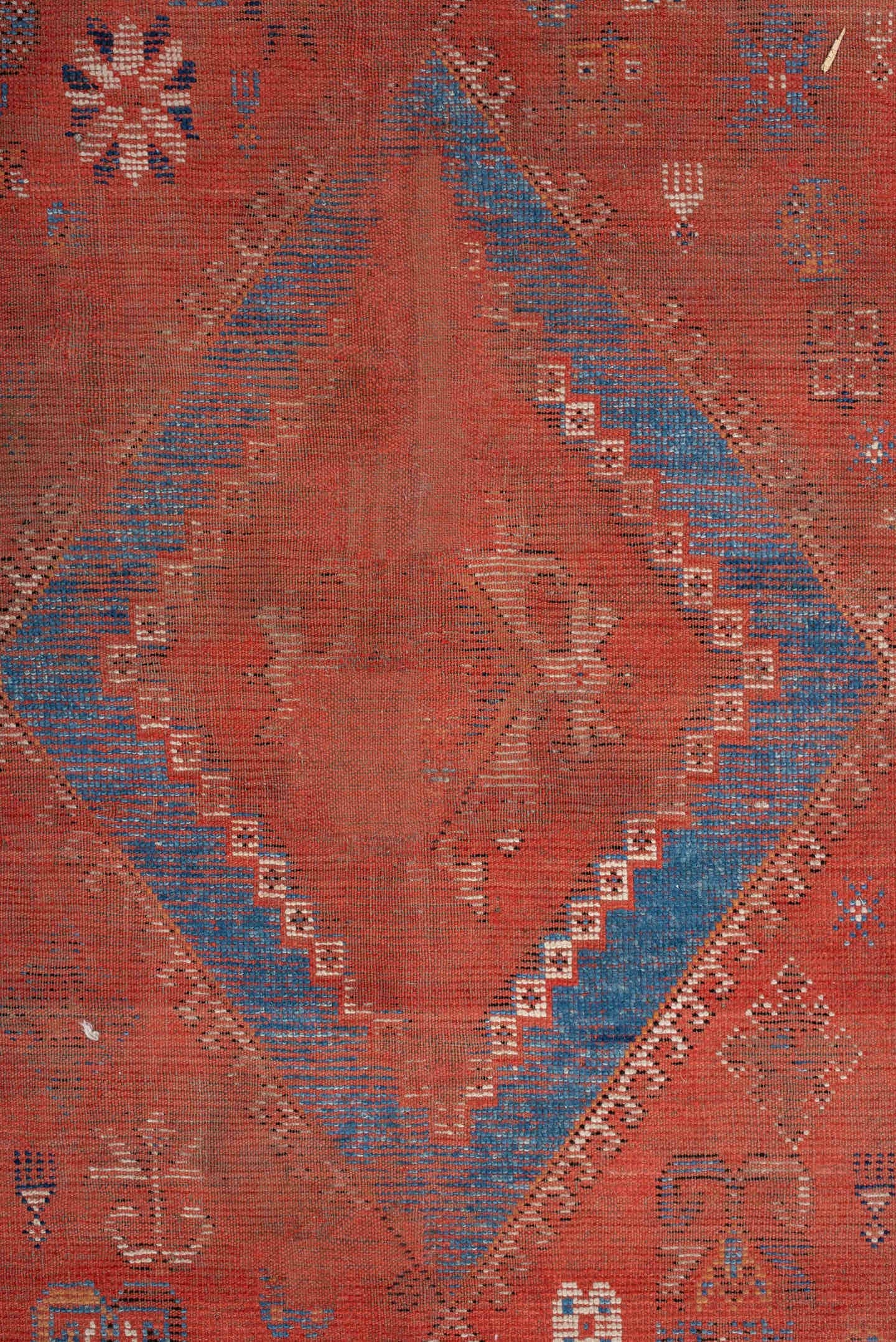 7' x 19' one-of-a-kind handmade vintage Marina rug. Color palette: terracotta, rust, indigo, ivory, sienna, navy, coral